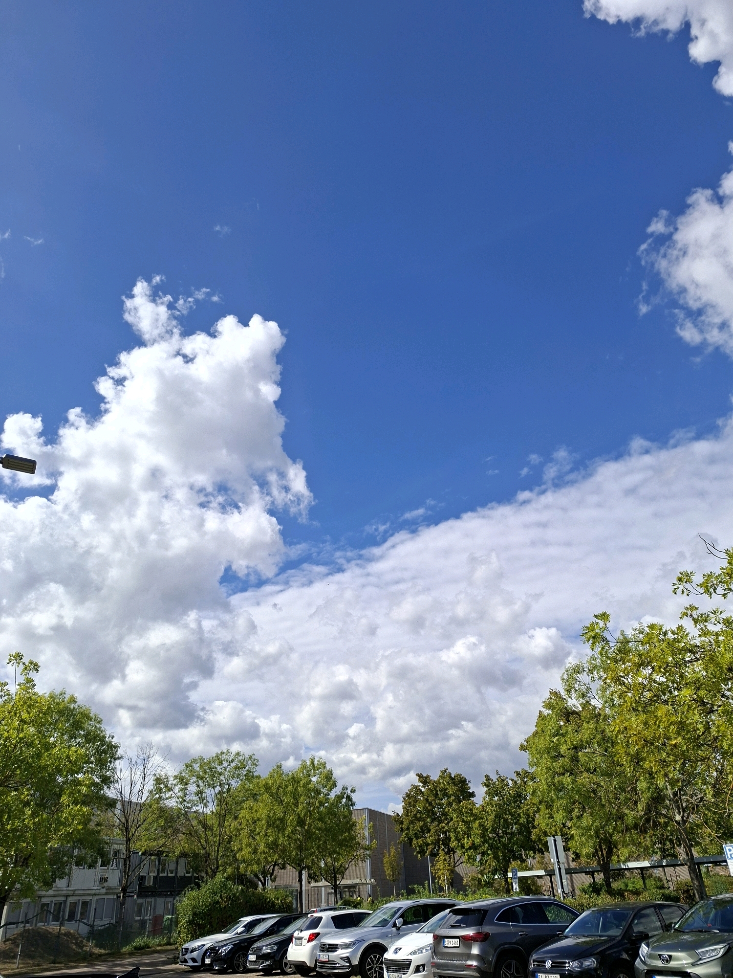 This is a landscape image featuring a bright blue sky filled with fluffy white clouds. In the foreground, a row of parked cars is visible. Trees with vibrant green foliage line the parking lot, and behind them are buildings. The scene appears to be in an urban or suburban setting. Based on the provided license plates, this image was taken in Rastatt, Germany.