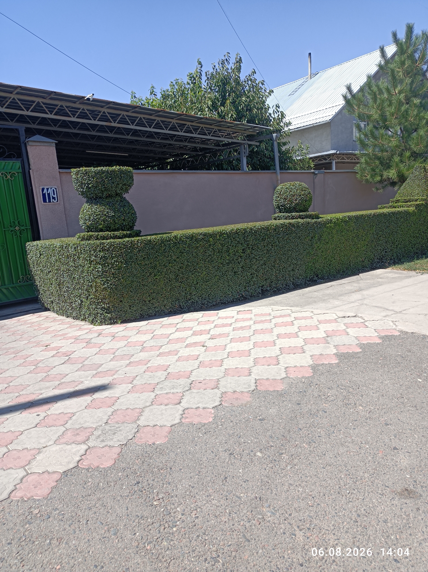 This image depicts a meticulously maintained green hedge fence bordering a walkway in Tokmok City, Kyrgyzstan. The hedge is sculpted with decorative topiary elements, including a rounded sphere and a more elaborate hourglass-like shape. A house with a light-colored roof and a prominent chimney is visible in the background, partially obscured by trees. The walkway itself is paved with interlocking concrete tiles in a diamond pattern, alternating between a pale pink and a light grey color. Adjacent to the tiled area is an asphalt surface. The scene is illuminated by bright sunlight, casting shadows. A green gate with decorative scrollwork is present on the left side of the frame, next to a light-colored pillar displaying the number "119". The date and time stamp "06.08.2026 14:04" is visible in the bottom right corner.
