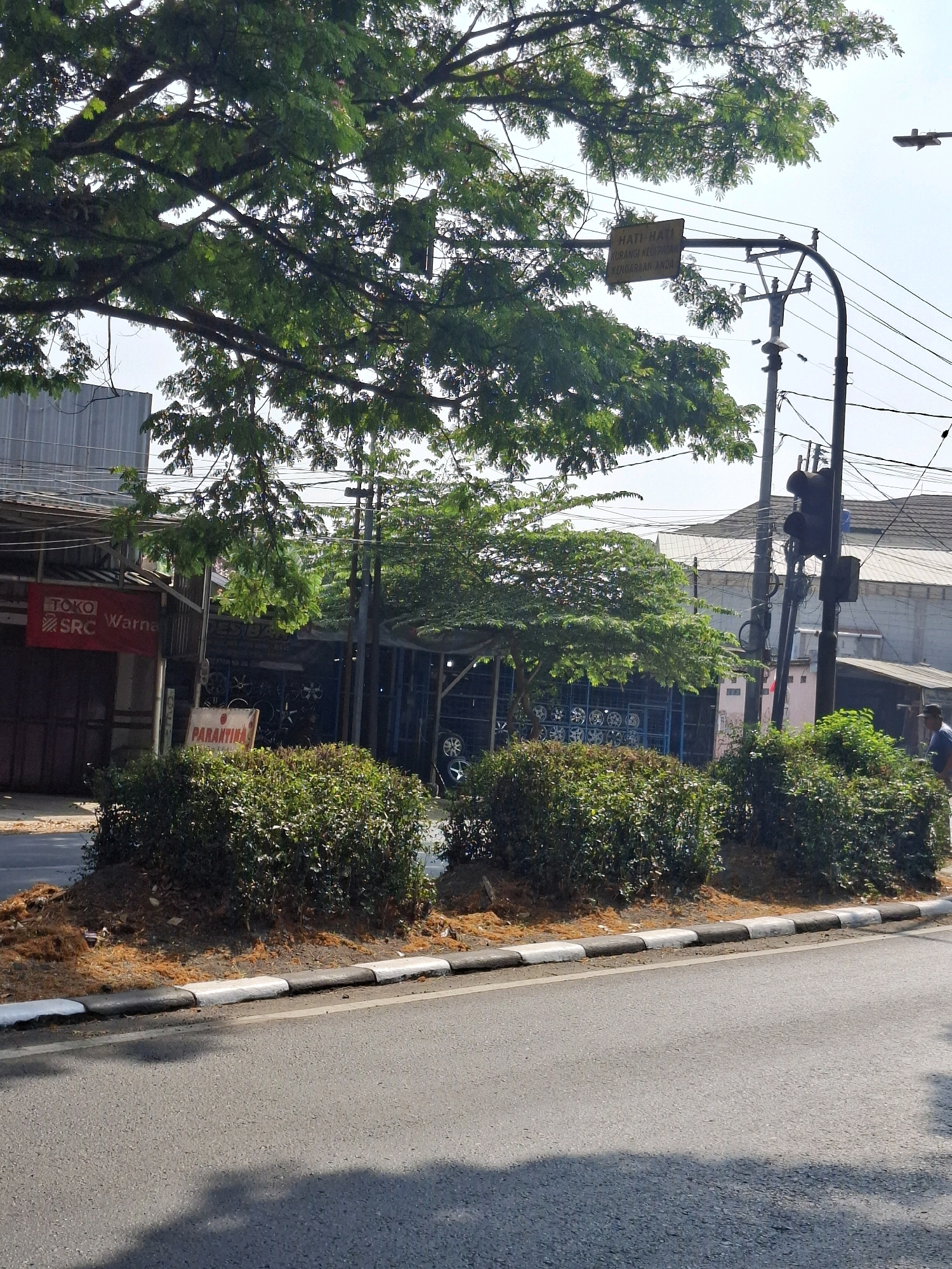 The image depicts a street scene in Sukabumi, Indonesia. A large tree with dense green foliage extends across the upper portion of the frame, casting shadows. In the background, there are commercial buildings with signs. One sign, in red, reads "TOKO SRC Warna". Another sign, yellow, displays text in Indonesian. A traffic light is visible on a pole, along with numerous electrical wires. In the foreground, a paved road runs diagonally, bordered by a curb with alternating black and white segments. Three bushes with dense green leaves are planted along the curb. The ground around the bushes is covered with dry, light-brown organic material. A shadow of a tree is cast across the road. The sky is clear and bright.