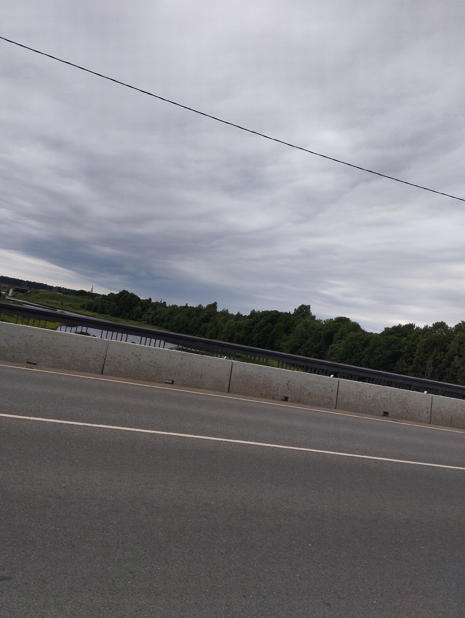 The image shows a view from a bridge over a river. The bridge has a concrete barrier and metal railings. A grey asphalt road with a white line is in the foreground. Beyond the bridge, there is a wide river with dark water, lined with a dense green forest. The sky is overcast with grey clouds, and a single black wire stretches diagonally across the top of the frame. The scene appears to be a scenic, natural landscape with a man-made bridge. Based on the visual cues, the location is likely a bridge over the Luga River in Kingisepp, Russia, given that the Luga River flows through Kingisepp.