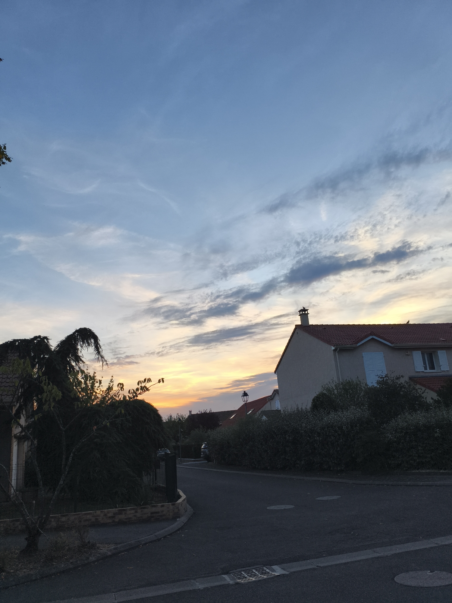 The image shows a street scene in Carrières-sous-Poissy, France, during sunset. The sky is a gradient of blue and orange, with scattered clouds. In the foreground, a dark green, bushy tree with long, drooping branches is on the left side of the frame. A paved street curves from the foreground into the background. On the right side of the street, a light-colored house with a red tile roof and white shutters is visible. A chimney protrudes from the roof, and there appears to be a bird on top of the chimney. Further down the street, another house with a red tile roof and a street lamp in front of it can be seen. The overall scene depicts a quiet suburban neighborhood at dusk.