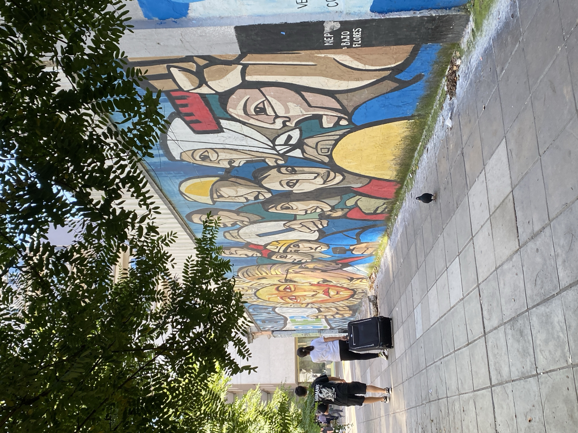 A photograph shows a vertical mural with a street scene in Buenos Aires, Argentina. The mural features cartoonish depictions of faces and figures in a modernist style with bright colors. A sidewalk runs along the base of the mural, and two people are walking on the sidewalk in the lower center of the frame. The person closer to the camera is wearing a black t-shirt and shorts. A black suitcase is located closer to the mural. A tree with abundant green foliage is visible on the left side of the image. A pigeon is standing on the sidewalk next to the mural.