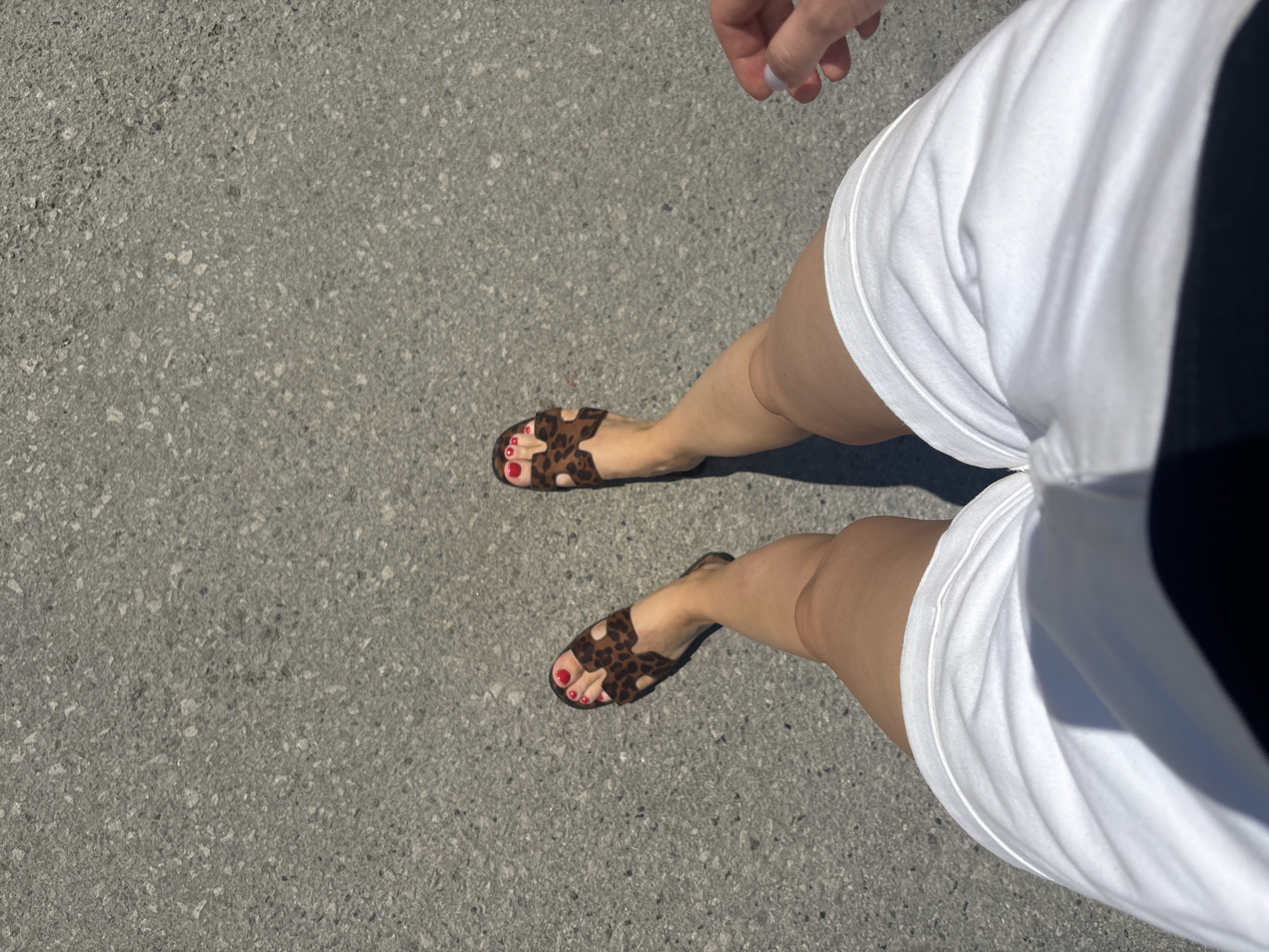 A person is standing on a gray asphalt surface. The person is wearing white shorts and leopard-print sandals with red nail polish on their toes. The asphalt appears to be a road or sidewalk. The person's right hand is visible and they appear to be holding something white.