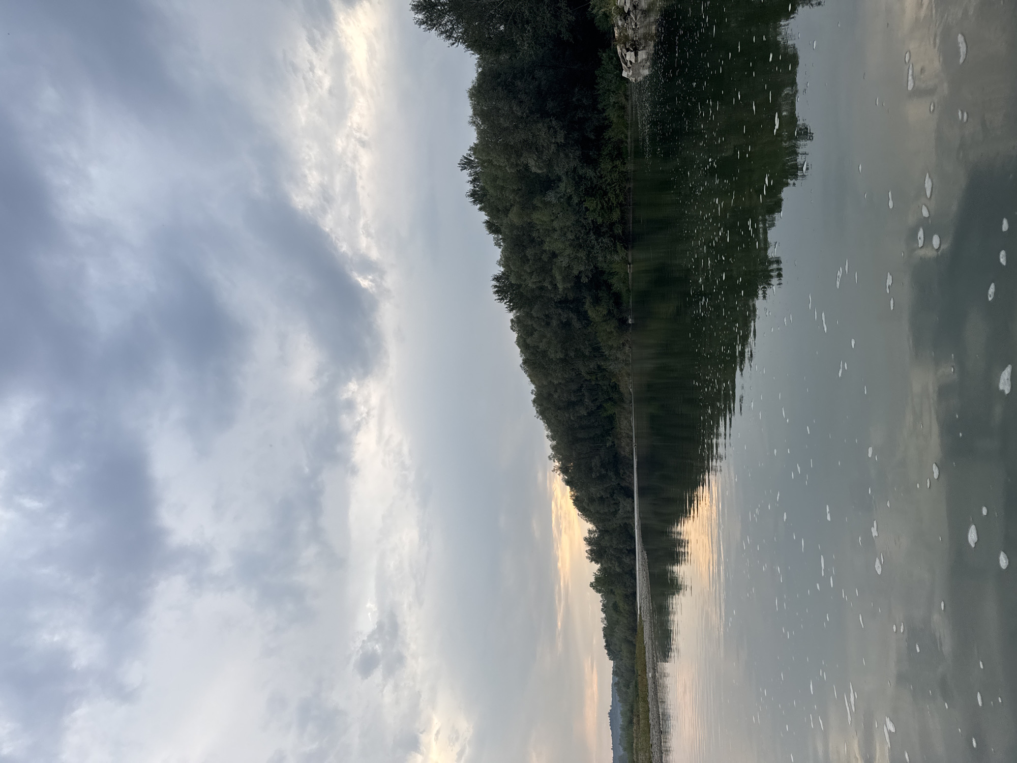 A wide shot captures a serene river flowing through a wooded landscape under a cloudy sky. The water's surface is calm, reflecting the dense green trees lining the far bank and the muted tones of the sky. Small white bubbles are scattered across the foreground of the water. The far bank is a continuous stretch of lush, dark green foliage, with a sandy or rocky bank visible in the lower left quadrant. The sky is filled with dramatic, gray clouds that partially obscure a soft, warm glow on the horizon, suggesting either dawn or dusk. The overall scene evokes a sense of tranquility and natural beauty.
