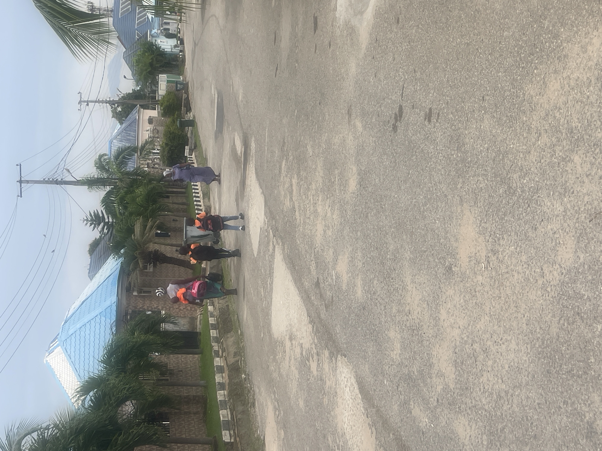 The image captures a street scene in Abuja, Nigeria, on an overcast day. Several people are walking along a paved road lined with modern residential buildings and palm trees. In the foreground, the road surface shows patches of dampness and discoloration.
On the left side of the road, a person wearing a white and black striped top and an orange vest is carrying a pink bag over their shoulder. They are walking away from the camera, followed by two children, both wearing orange vests over their clothing and carrying backpacks. The child closer to the foreground is wearing a black backpack, while the child further back has a blue backpack.
Further down the street, a person in a long, light blue garment is walking towards the camera. Beyond them, more houses with distinctive blue and white roofs are visible, along with utility poles and overhead wires. The houses appear to be well-maintained, with some featuring stone walls and decorative fencing. The overall environment suggests a residential area within the city.