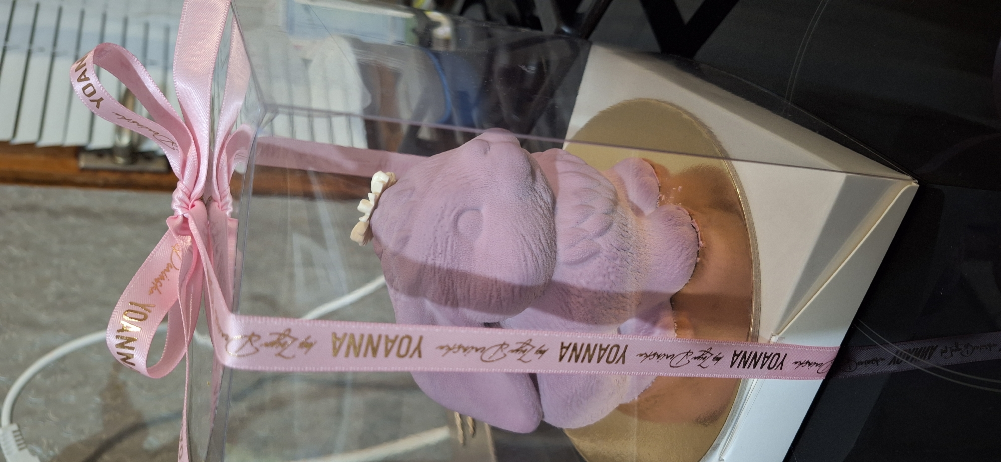 A frosted pink elephant cake is in a clear and white box, tied with a pink ribbon labeled "YOANNA by Lyubomir Dushevski." The cake sits on a gold-colored circular base inside the box. The background shows elements of an interior setting with partial views of furniture and appliances. Based on the labeling on the ribbon, the scene may be related to a bakery or establishment named "YOANNA by Lyubomir Dushevski," potentially located in Blagoevgrad, Bulgaria. The image does not show specific landmarks to confirm the city. There are no people visible in the frame.