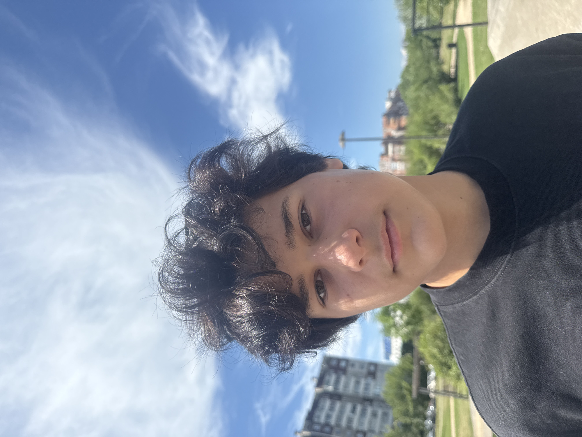 A medium shot portrait of a young person with dark, curly hair and brown eyes is captured outdoors under a bright blue sky with scattered white clouds. The person is wearing a black t-shirt. In the background, a blurred urban landscape is visible, featuring a multi-story building with a grey facade, lush green trees, and a park-like area with grassy sections and what appears to be playground equipment or a skate park structure. The lighting suggests it is daytime, likely sunny. The specific location within the city of Krasnoyarsk, Russia, cannot be determined from the visual information provided.