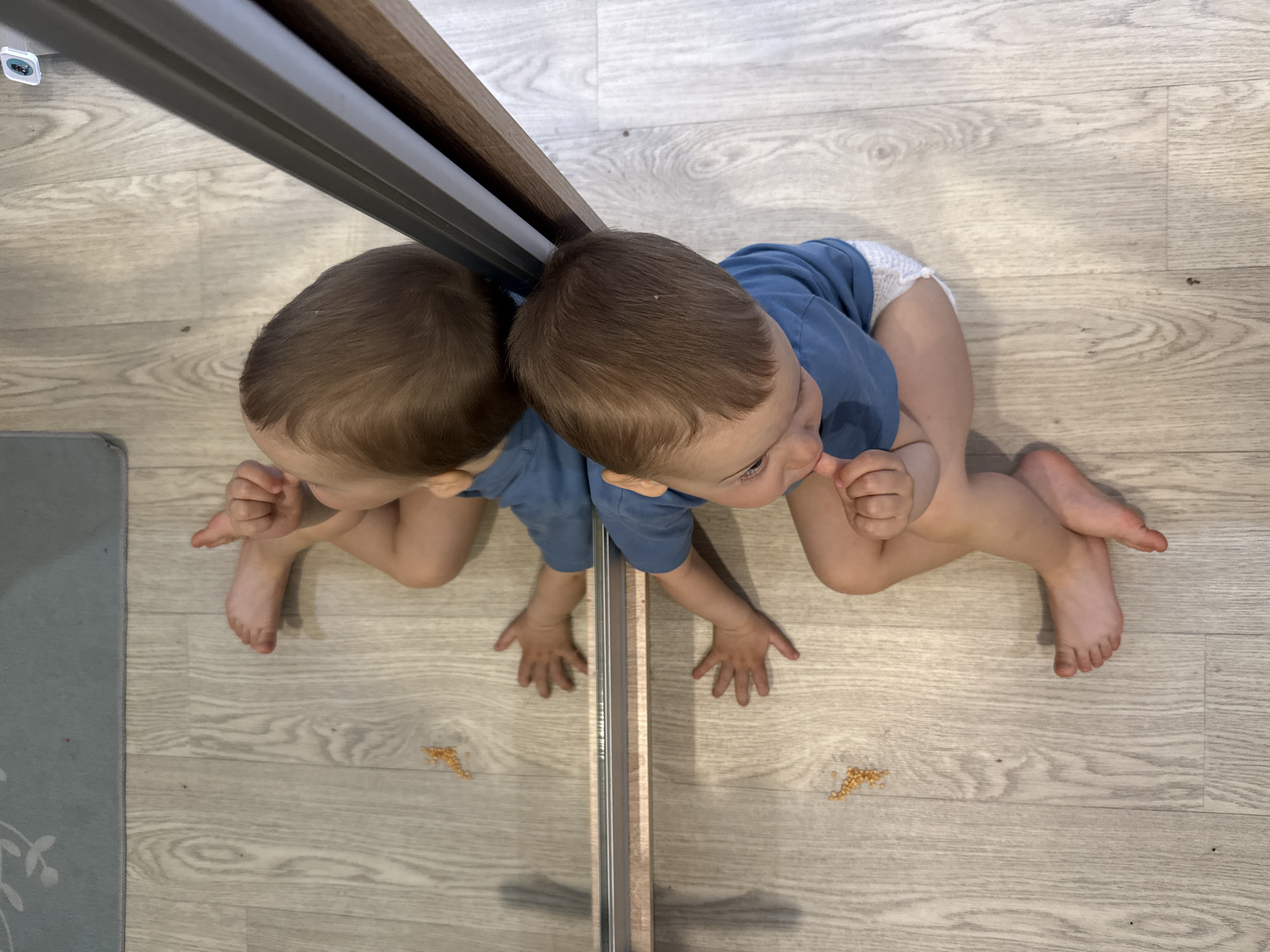 A top-down shot depicts a baby next to a mirror, likely in a domestic setting. The baby wears a blue shirt and a diaper. The baby is positioned on a light-colored, wood-patterned floor, partially covered by a gray rug. A small scattering of what appears to be food is visible on the floor. The mirror reflects the baby, creating a symmetrical composition. The image appears to be taken inside. Rusanovo, Russia is not identifiable from the image.