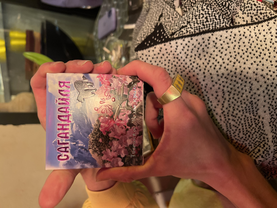 A pair of hands holds a rectangular consumer package, oriented towards the viewer. The package depicts a mountainous landscape with snow-capped peaks, pink flora, and a grey animal silhouette. Cyrillic text "САГАНДАЙЛЯ" (SAGANDAYLYA) is prominently displayed at the top, with "Тибетское "Белое крыло"" (Tibetan "White Wing") at the bottom. The right hand, adorned with a gold-toned geometric ring, secures the package. The background reveals a blurred indoor setting with a glass surface. On this surface, a purple smartphone and an ashtray containing cigarette butts are identifiable. Additional obscured objects and a section of patterned fabric are also present. No visual markers are present to identify a specific location within Tel-Aviv, Israel.