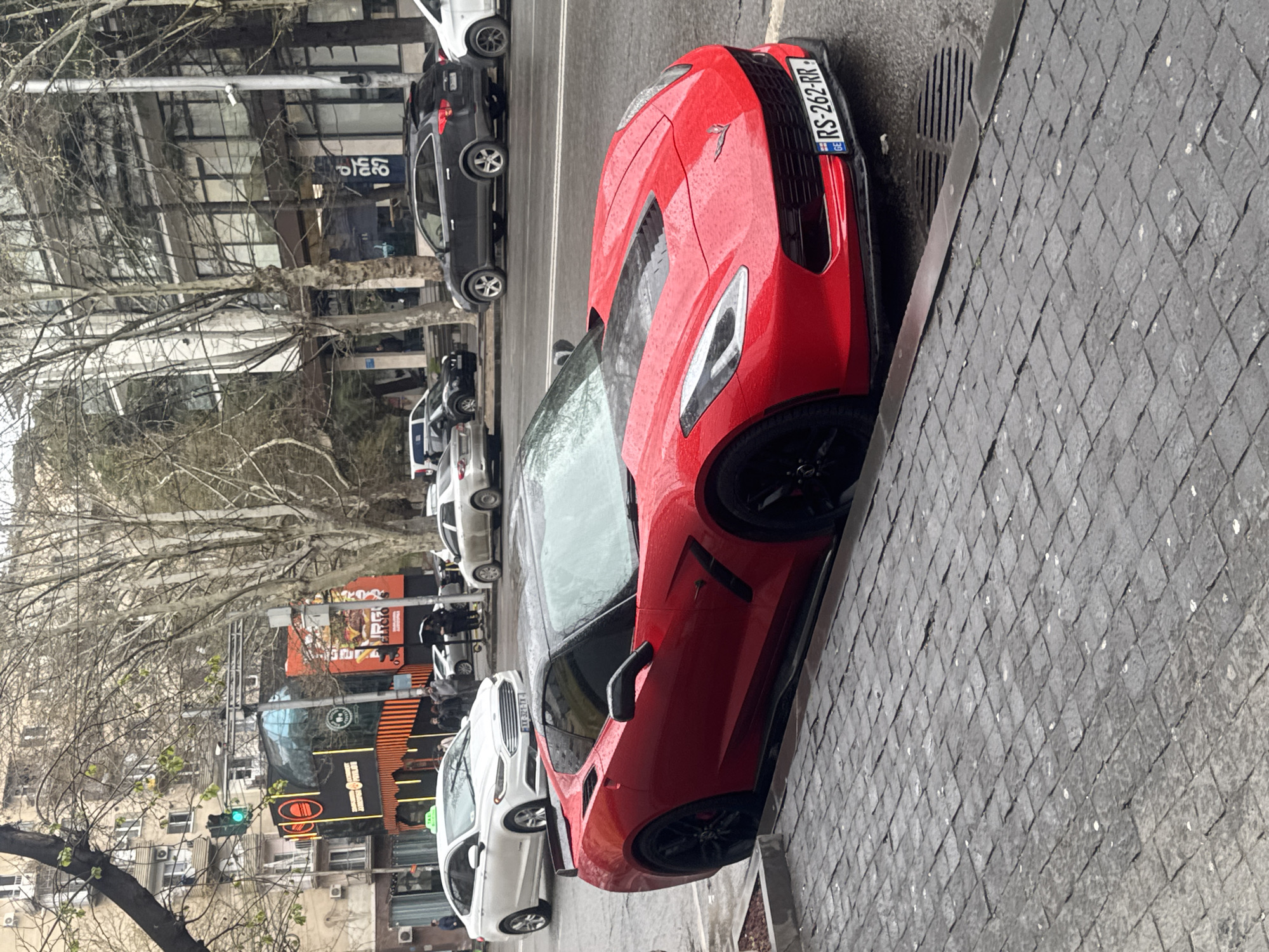 The image depicts a street scene in Tbilisi, Georgia, characterized by overcast weather. The street is lined with parked cars, including a prominent red Chevrolet Corvette with the license plate "RS-262-RR" registered in Georgia, a white Ford Fusion with the license plate "AA-327-AA", and several other vehicles of varying makes and models. Pedestrians are visible near a double-decker bus with advertisements in front of a building with visible air conditioning units on the exterior wall. The architecture appears to be a mix of modern and older styles. Bare trees line the street, suggesting it may be late autumn or early spring. The foreground shows a paved sidewalk with a curb separating it from the street.