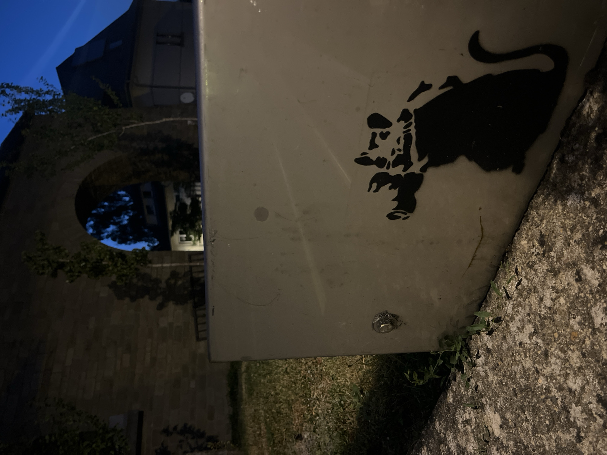 In the foreground, a weathered, grey, rectangular object stands at an angle, its surface marked with scuffs and scratches. A stenciled silhouette of a rat, rendered in black, is prominently displayed on its side, facing left. The rat appears to be holding something in its paws, though the detail is indistinct. A silver bolt with a grey, textured base is embedded in the object to the left of the rat. Green vines creep along the base of the object and onto the rough, speckled grey ground in front of it.
In the background, a section of a stone wall, possibly part of an archway, is visible, with a dark shadow cast upon it. Beyond the wall, an arched opening reveals a dimly lit scene with trees and buildings. The sky above is a deep twilight blue. The overall lighting suggests it is either dawn or dusk. The location is identified as Saint-Vith, Belgium.