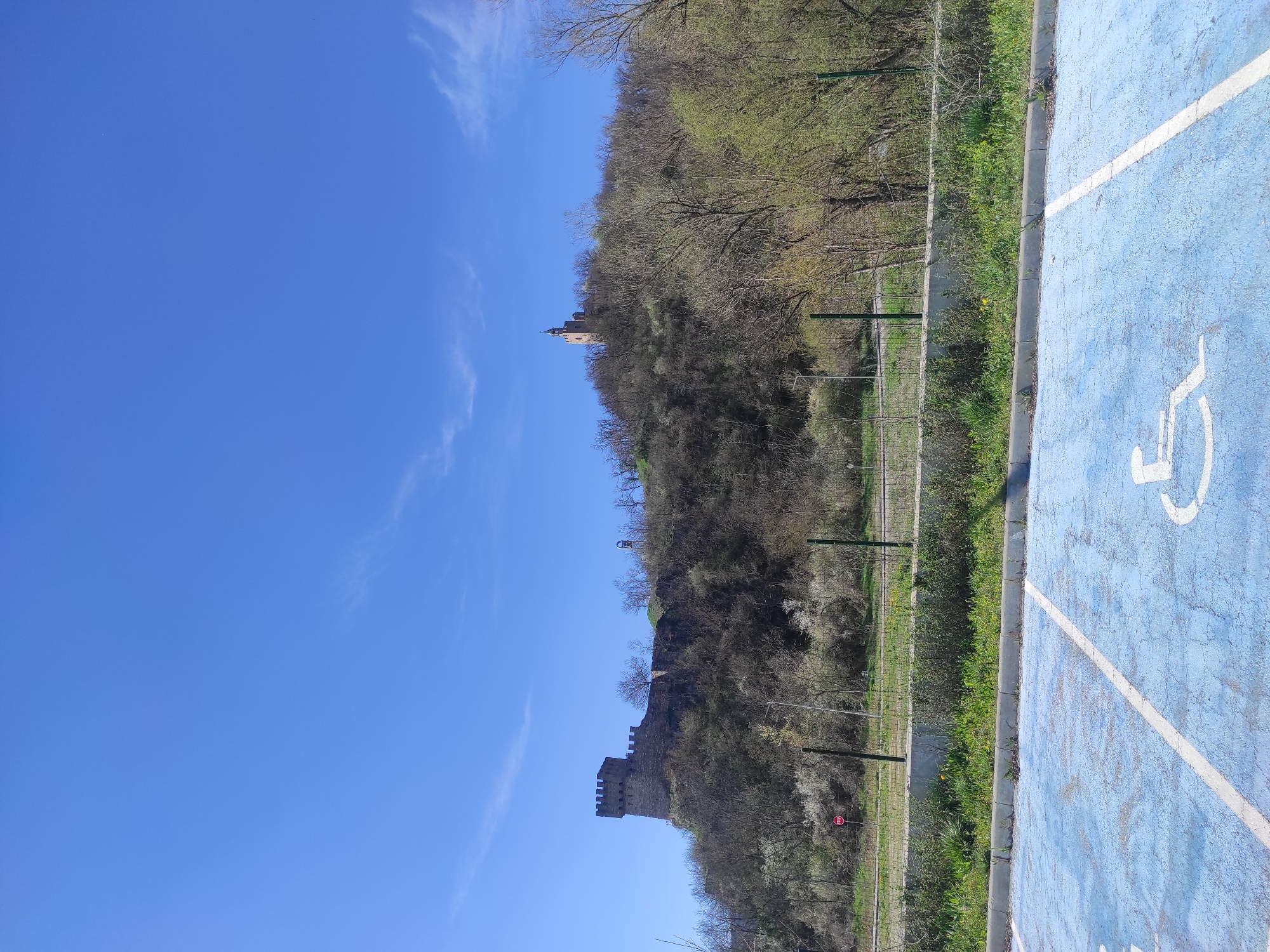 The image shows a parking spot, designated for handicapped parking, with a blue painted surface and the handicapped symbol. Next to it is a grassy area, a chain-link fence, and a hillside covered with trees. On the hillside, a stone structure that is part of the Tsarevets Fortress is visible. The background is a clear blue sky with some wispy clouds. The image was taken in Veliko Tarnovo, Bulgaria, at the base of Tsarevets Fortress.
