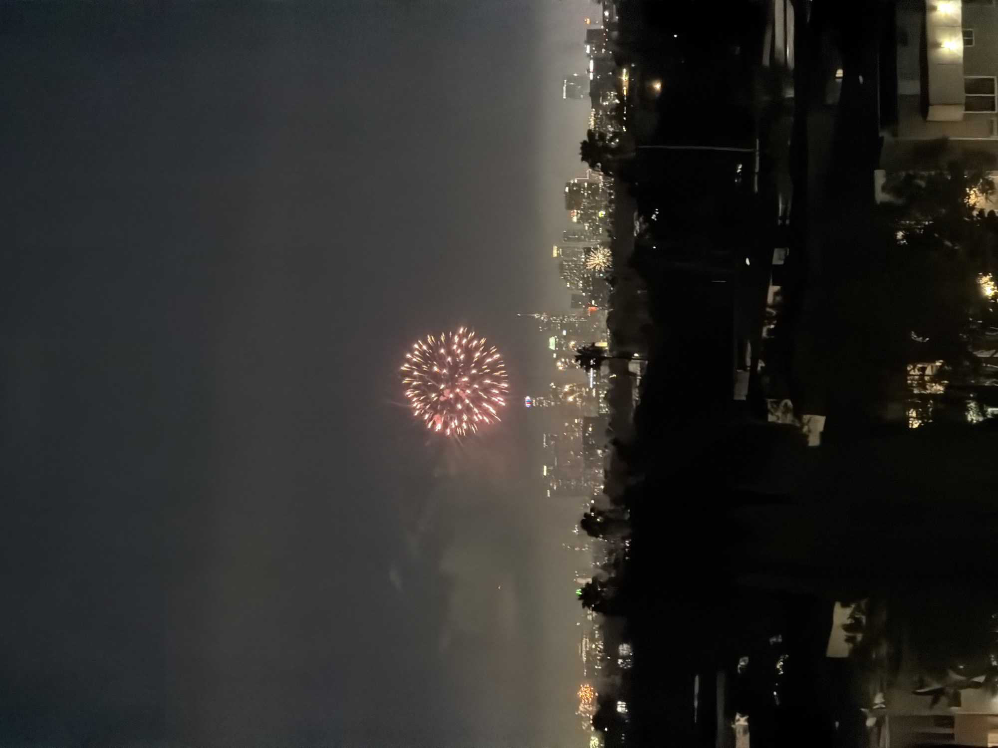 A nighttime cityscape is visible, with a large, spherical red and pink firework exploding in the dark sky. Below the firework, the illuminated skyline of a city stretches across the horizon, featuring numerous buildings and structures with glowing windows. In the foreground, silhouetted trees and buildings cast dark shadows against the night. The scene appears to be captured from an elevated viewpoint, offering a wide panorama of the urban environment. The location is West Hollywood, United States of America.