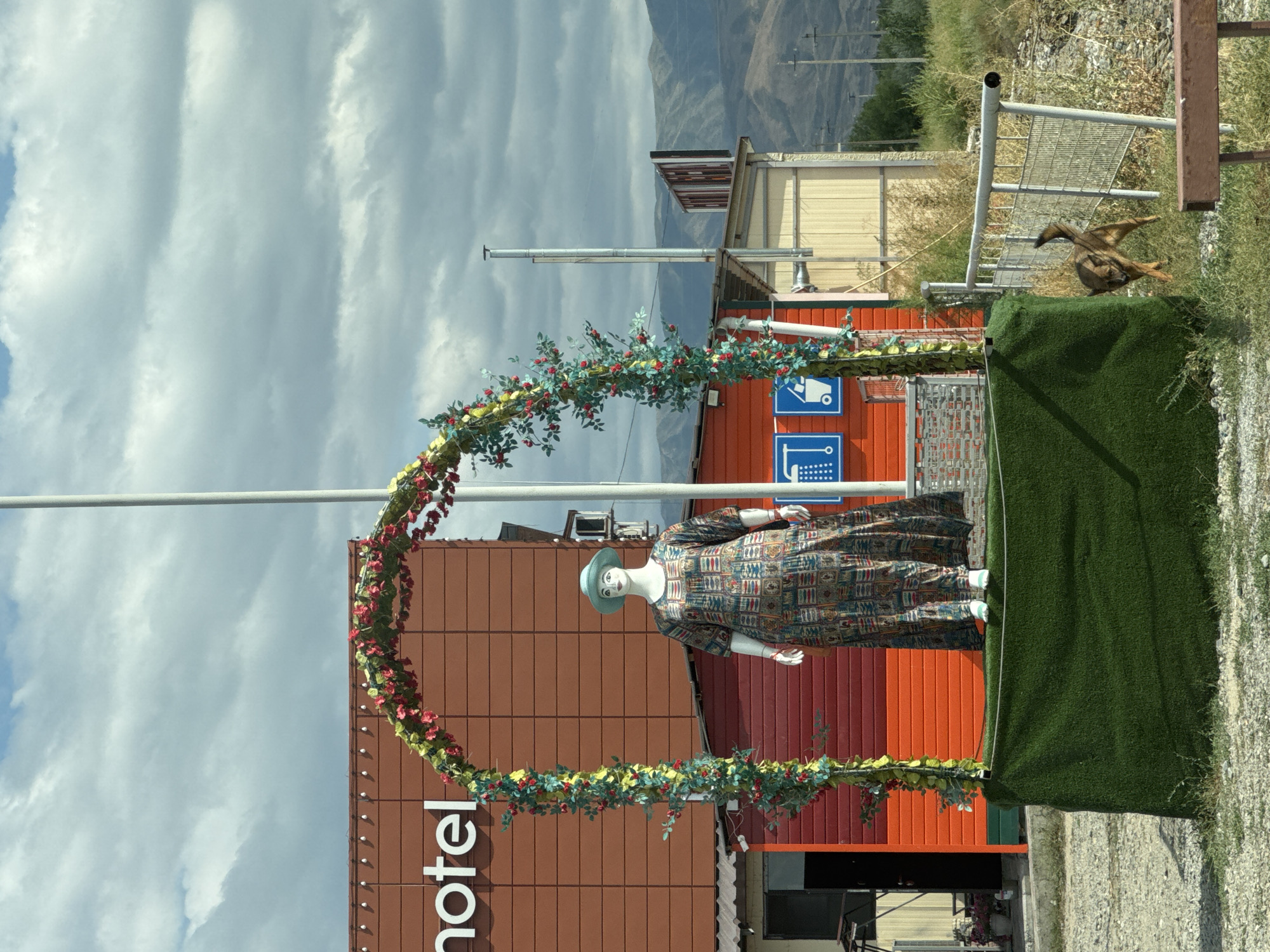 The image depicts an outdoor scene, possibly in Sarqan, Kazakhstan, with a building labeled "hotel" in the background. In the foreground, a mannequin dressed in a patterned long dress and a blue hat stands beneath a floral archway. The archway is adorned with green foliage and red flowers. The mannequin is positioned on a raised platform covered in artificial grass. To the right of the platform, a dog is visible walking near a metal fence. The environment appears to be dry and arid, with sparse vegetation and distant mountains under a cloudy sky.