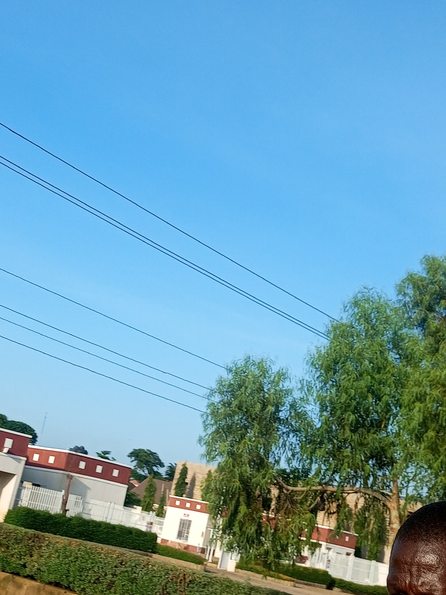 The image shows a residential area with modern buildings under a clear blue sky. Several power lines run horizontally across the upper portion of the frame. In the foreground, there is lush green vegetation, including hedges and trees. Behind the vegetation, white fences and the exteriors of buildings are visible. These buildings appear to have white and red brick facades with regularly spaced rectangular windows. There are also some taller trees with dense green foliage scattered throughout the scene. In the bottom right corner, a portion of a person's head, showing dark skin and hair, is visible, suggesting the photo was taken from a person's perspective. This scene is consistent with a residential neighborhood in Tempure, Nigeria.