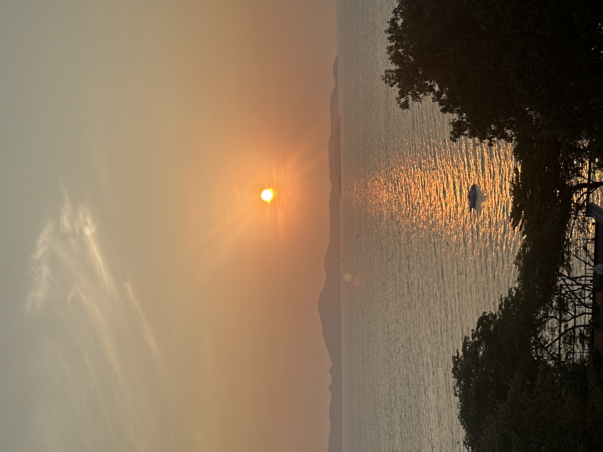 The image depicts a sunset scene in Pattaya City, Thailand. The sun is setting over the ocean, casting a golden glow on the water and sky. A boat is visible on the water, reflecting the sunlight. Trees are present on the right side of the image. In the background, the coastline is visible. The sky is hazy, with thin clouds present.