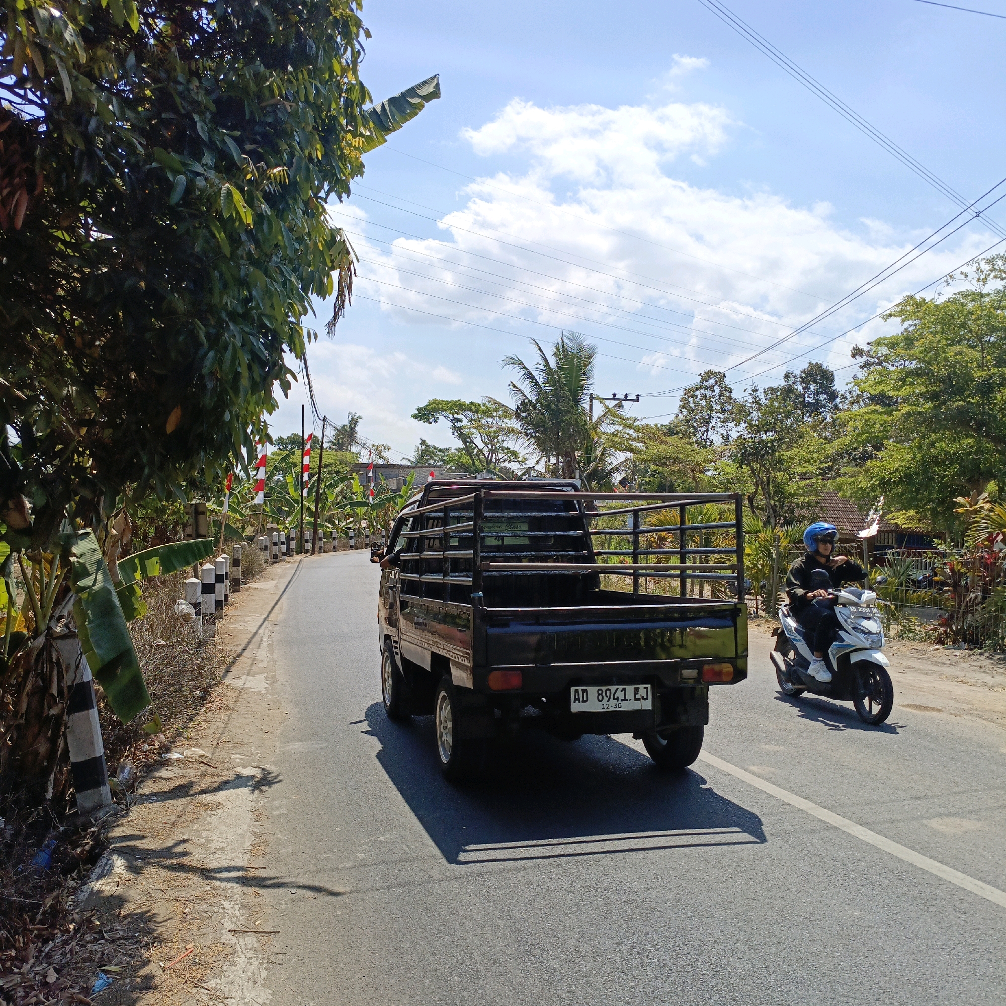 In Ujung-ujung, Indonesia, on a sunny day with a blue sky and scattered clouds, a black pickup truck with a metal cage in the bed drives down a paved road. The truck's license plate reads "AD 8941 EJ". To the right of the truck, a person wearing a blue helmet and sunglasses rides a white scooter. The road is bordered by a sidewalk and vegetation, including trees and banana plants. Red and white Indonesian flags are visible along the side of the road, attached to poles. The scene is bathed in bright sunlight, casting shadows on the road and ground.