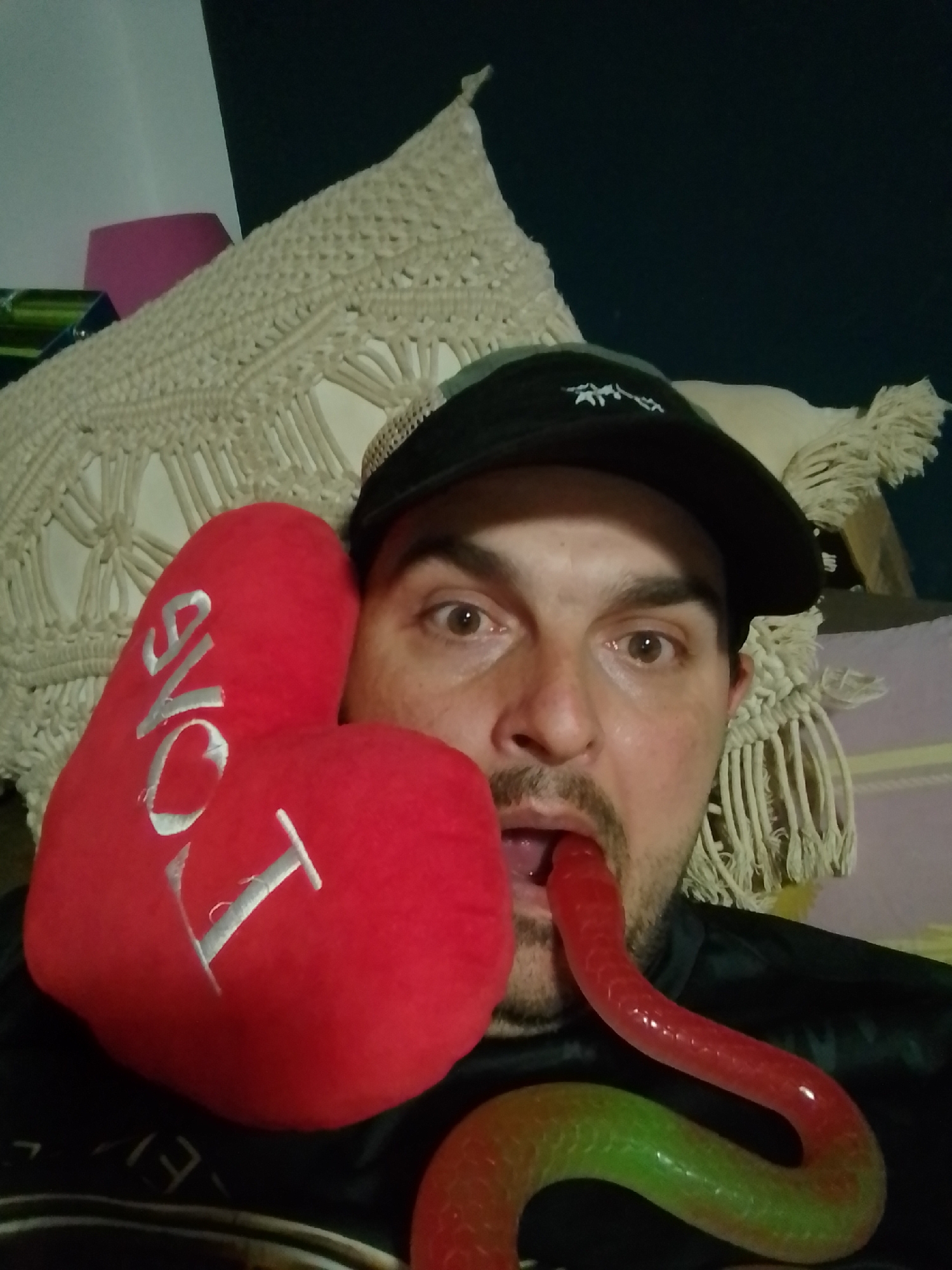 In a close-up, selfie-style photograph, a person wearing a dark baseball cap is positioned in the foreground. The person has brown eyes and a light complexion, with a mustache and goatee. A red, heart-shaped pillow with the word "LOVE" embroidered in white is held near the person's face on the left side. A long, translucent, gummy candy, which appears to be snake-shaped and transitions in color from red to green, is being placed into the person's mouth. The background features a cream-colored, macrame-style textile draped over furniture, with glimpses of a dark surface and a pink object in the upper left corner. The scene is indoors, suggesting a residential setting. There is no identifiable indication of the city of Wedel, Germany within the image.