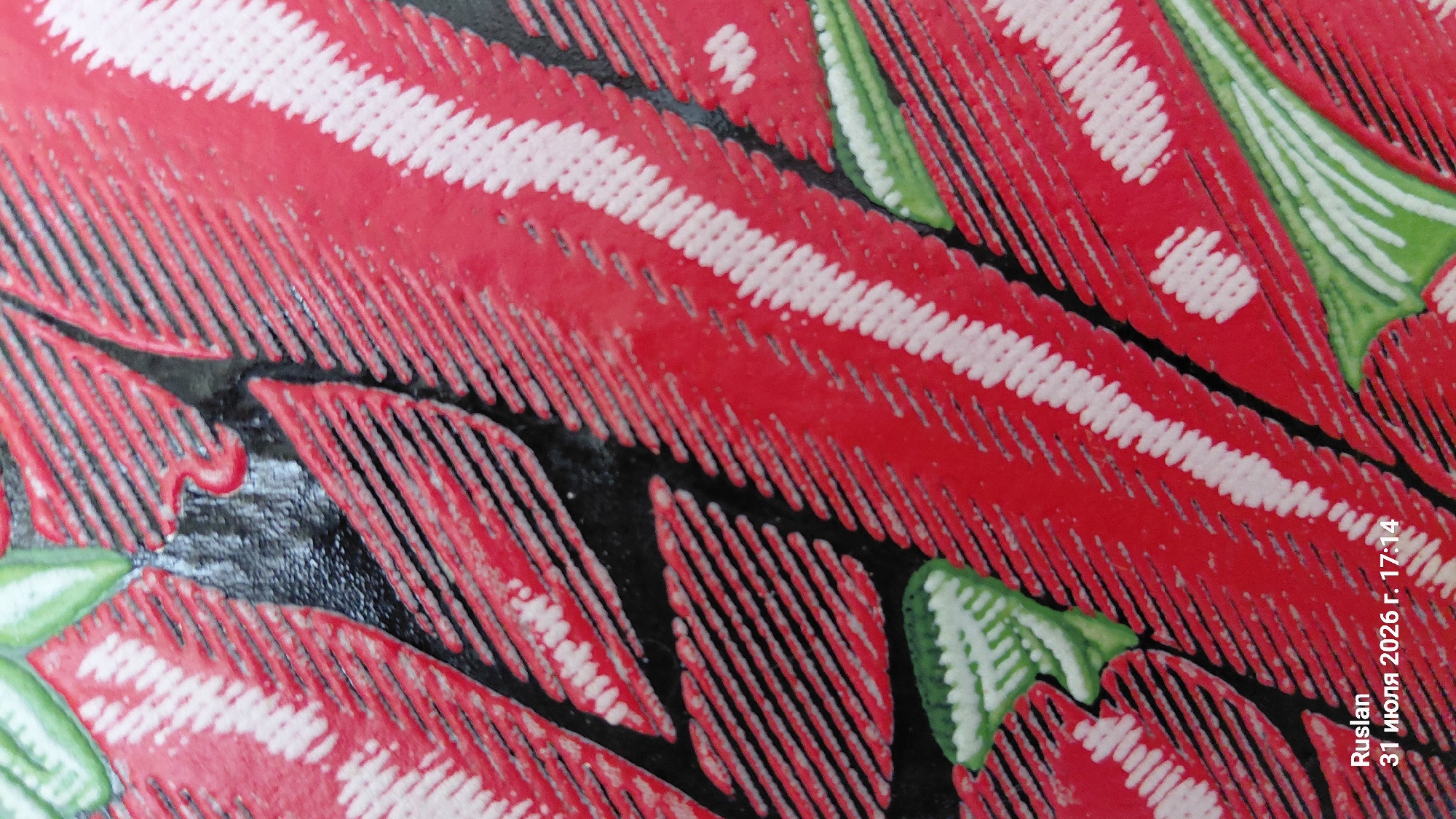 The image is a close-up, high-angle shot of a textured surface with a pattern of red chili peppers and green leaves against a black background. The chili peppers are depicted with raised, parallel lines in red and white, creating a sense of dimensionality. Some of the chili peppers are partially visible, with their pointed ends and textured surfaces clearly rendered. Green leaves, also with a ribbed texture, are interspersed between the peppers. The overall impression is of a decorative pattern, possibly on a plate, tile, or fabric. The lower left corner of the image contains text that reads "Ruslan" and "31 июля 2026 г. 17:14", indicating the name of the photographer and the date and time the photo was taken. There is no discernible urban environment or specific location within Oleksandriia, Ukraine, as the image is focused solely on the patterned surface.