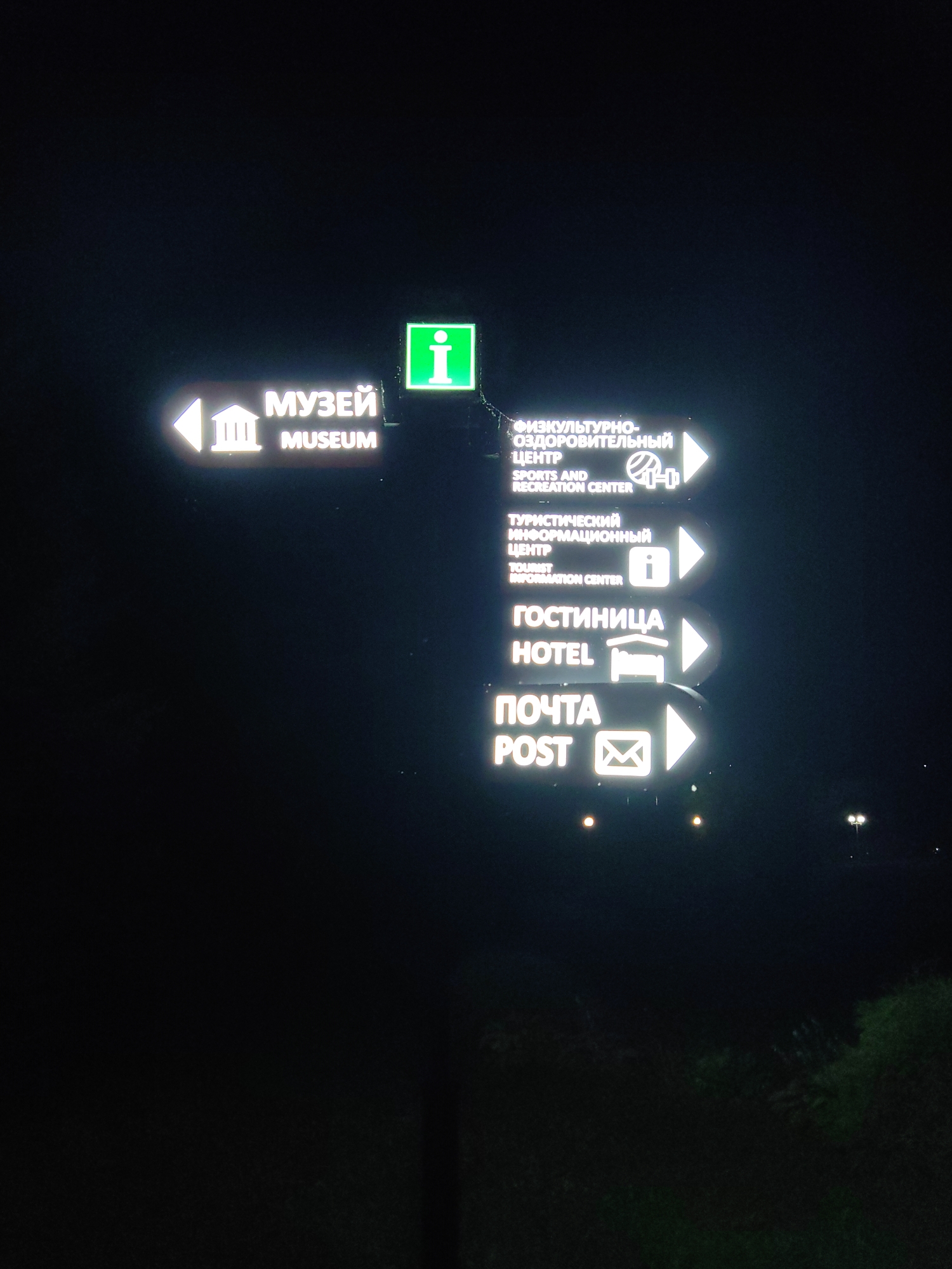 A nighttime, eye-level, medium shot captures a reflective directional signpost in Myadzyel, Belarus. The signpost, illuminated by external light sources, displays white text and icons against a dark background. The text is bilingual, with Russian above English.
The uppermost sign, pointing left, reads "МУЗЕЙ MUSEUM" and features an icon of a building with columns.
Below that, a green square sign with a white "i" icon is visible, indicating information.
The next sign, pointing right, reads "ФИЗКУЛЬТУРНО-ОЗДОРОВИТЕЛЬНЫЙ ЦЕНТР SPORTS AND RECREATION CENTER" and depicts icons of a basketball and a weightlifter.
Following that, another sign pointing right indicates "ТУРИСТИЧЕСКИЙ ИНФОРМАЦИОННЫЙ ЦЕНТР TOURIST INFORMATION CENTER" accompanied by an "i" icon.
The subsequent sign, also pointing right, reads "ГОСТИНИЦА HOTEL" and features an icon of a building with a pitched roof and a flag.
The lowest sign, pointing right, says "ПОЧТА POST" and includes an icon of an envelope.
The background is dark, with some blurry lights and vegetation visible in the lower portion of the frame, suggesting an outdoor, possibly park-like or roadside setting at night. There are no people or animals in the image.
