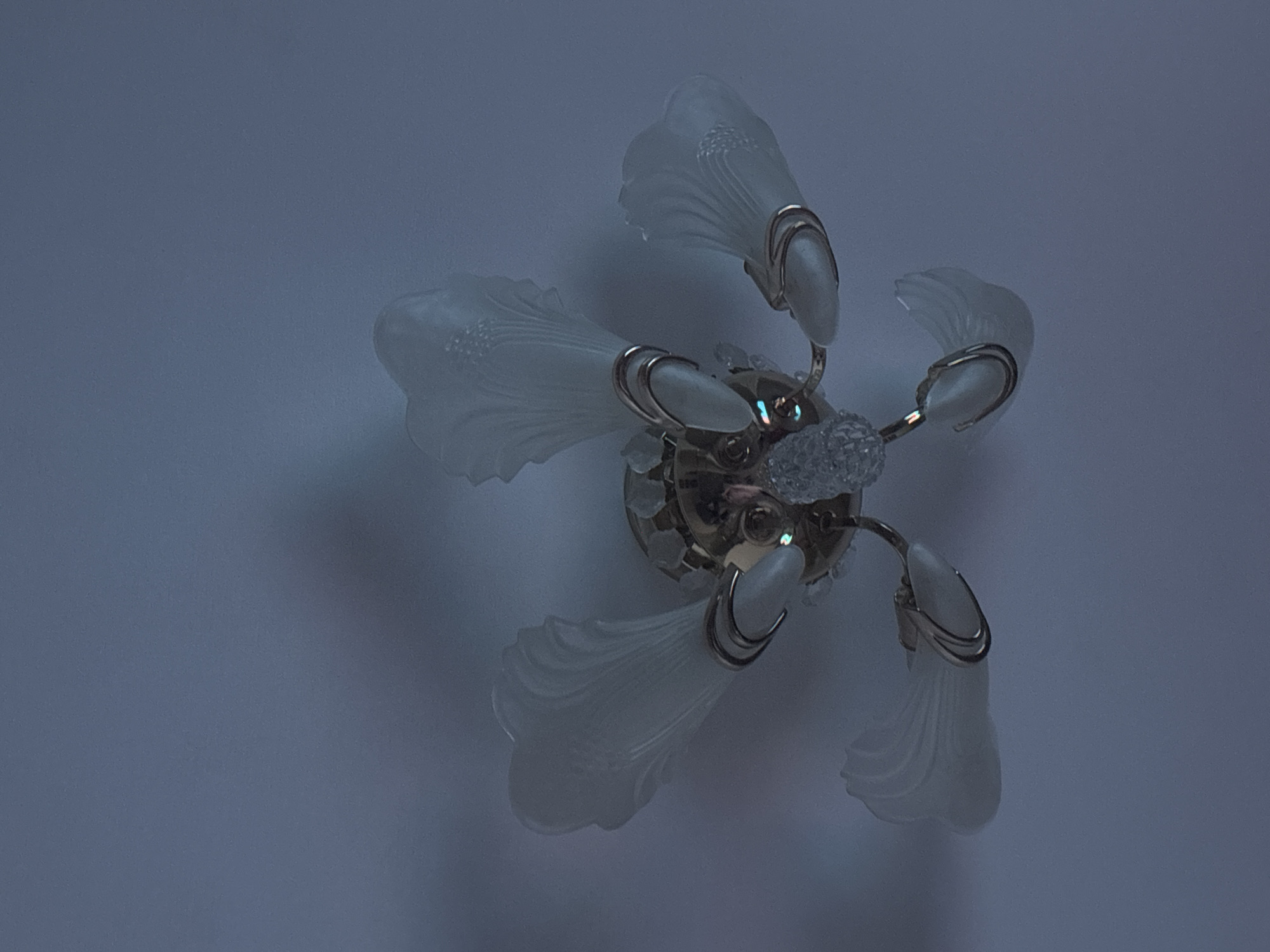 A low-angle, full shot captures an ornate, vintage-style ceiling light fixture. The fixture is made of gold-toned metal and features five petal-shaped frosted glass shades, each with a ribbed texture. The central part of the fixture has a clear, faceted crystal adornment. The light is mounted on a plain, light-colored ceiling, which appears to be painted drywall. The lighting in the room is dim, creating soft shadows. There are no people present in the image. The setting is an indoor environment. Based on the prompt, this image is located in Bila Tserkva, Ukraine.