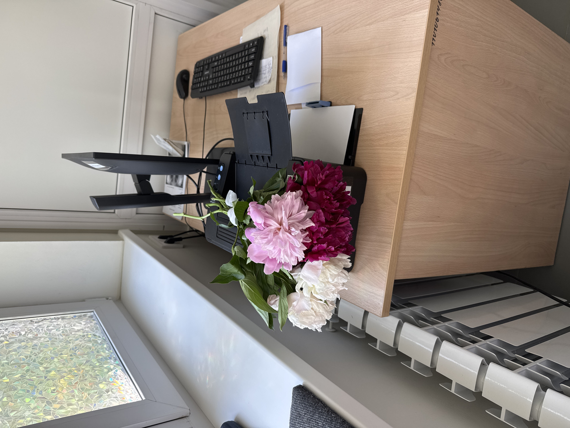 A bouquet of pink and white peonies rests on a black printer on a wooden desk. The printer is situated next to a computer monitor and keyboard. To the left of the desk is a white window with a decorative film that refracts light. Below the window is a white radiator. The scene appears to be an office environment.