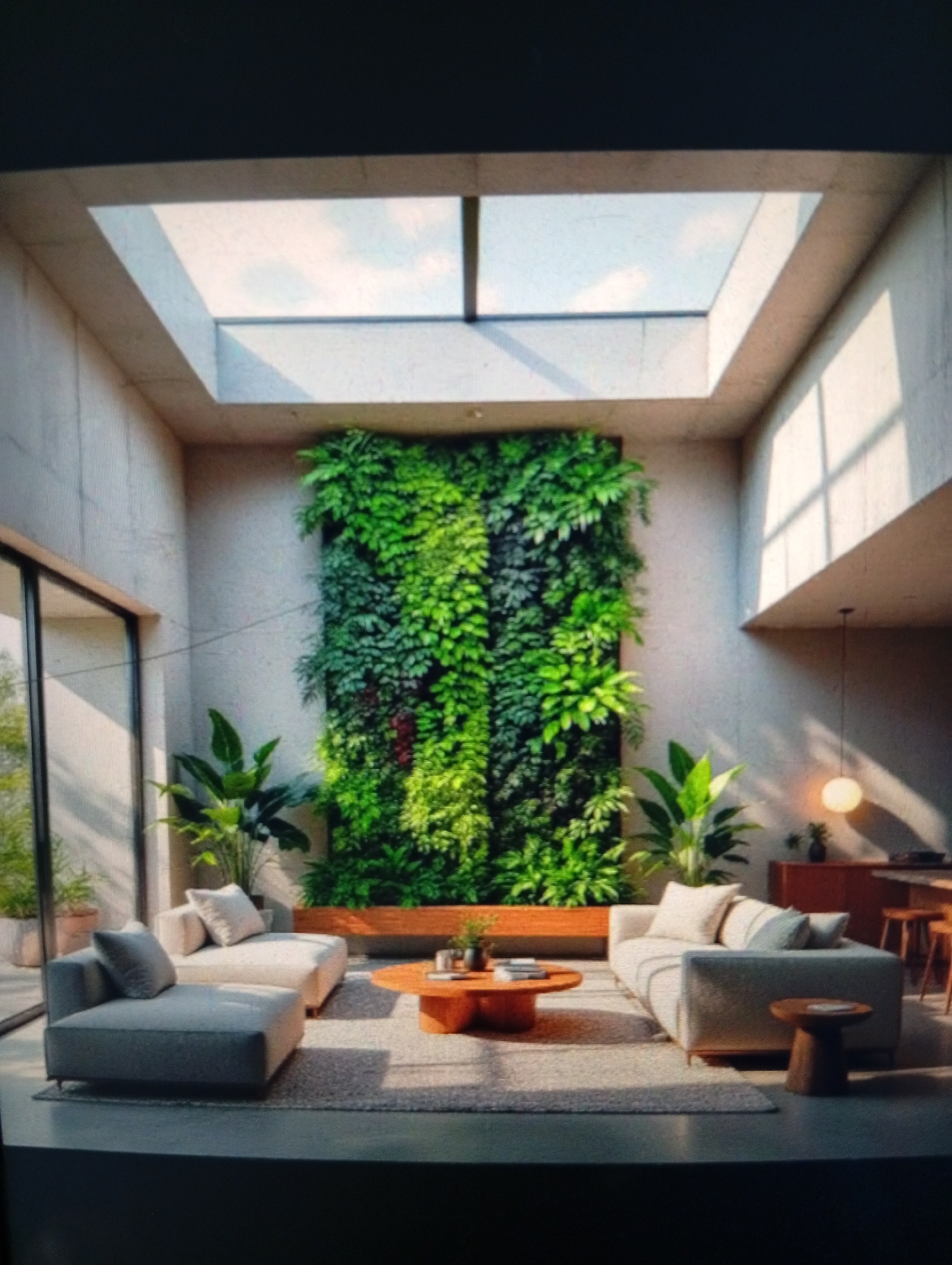 The image depicts a modern interior living space. The walls are light gray concrete. A skylight with a grid design illuminates the room. A large vertical garden dominates the back wall, consisting of a variety of green plants. Two light gray sofas face each other on a light gray rug. Between the sofas is a round wooden coffee table with objects on it. To the right is a dark wood side table. To the left, a large window leads to an exterior space, where there is a concrete area. To the right is a kitchen area with a wooden counter and bar stools. A pendant light hangs above the counter. Large plants flank the vertical garden on both sides. The image does not provide sufficient details to confirm the location as Dutsen Alhaji, Nigeria, nor does it contain any people or actions.