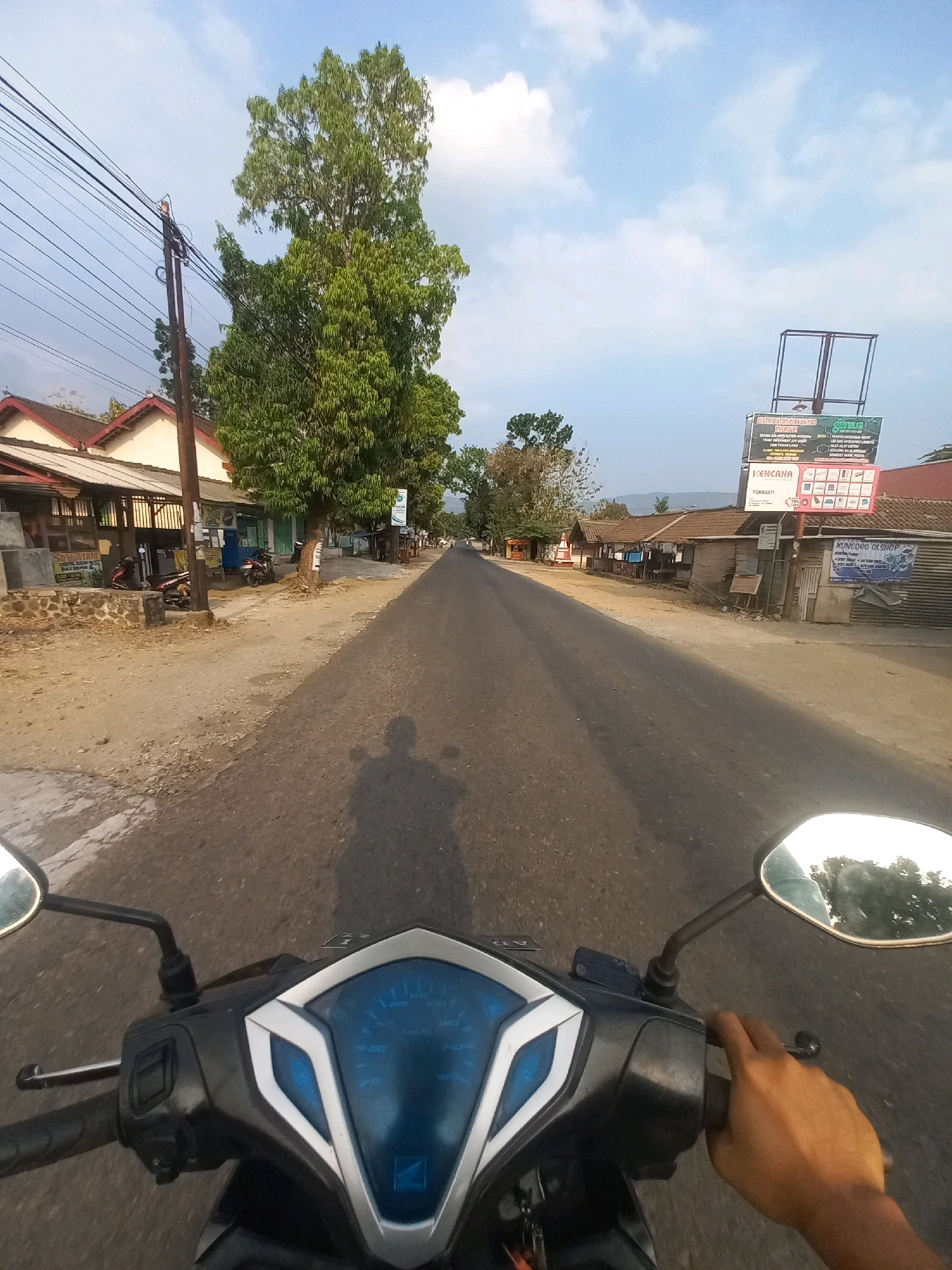 The image is a first-person perspective shot from a motorcycle, driving on a paved road. The road is bordered by a dirt shoulder on the left, with buildings and trees lining it. On the right side of the road, there are more buildings, some appearing to be small shops, and vegetation. A large tree with green foliage is prominent on the left side of the road. The sky is blue with scattered clouds. A billboard advertising "DISTRIBUTOR KAWAN SYD PETROLIUM" and "GENUS" is visible on the right side of the road, above some of the buildings. The motorcycle's dashboard is visible in the foreground, showing a speedometer with blue accents. A shadow of the rider and motorcycle is cast on the road. The overall scene depicts a street in Ngarjosari, Indonesia, during the day, with a mix of residential and commercial buildings and natural elements.