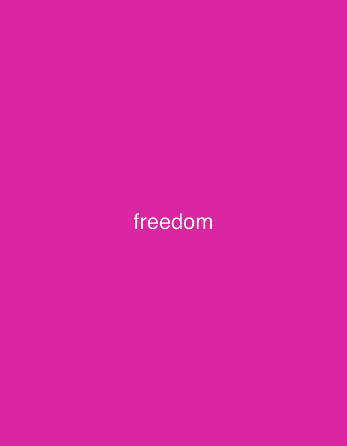 The image features a minimalist, abstract composition dominated by a solid, vibrant magenta (or fuchsia) background. No specific people, objects, or a detailed scene are depicted. The central focus is a single word, "freedom," presented in clean, white, lowercase sans-serif letters. The word is horizontally centered and positioned slightly above the vertical midpoint of the frame. There is no discernible activity or event taking place; the image is static and conceptual. Notable details include the intense, uniform color of the background and the stark contrast with the white text. There are no visual cues for time of day, weather, or specific location within the image itself. The word "freedom" is the only visible text, serving as the primary message. Although given the context of Casablanca, Morocco, the image provides no visual information to associate it with this location, presenting instead a purely graphic and symbolic statement.