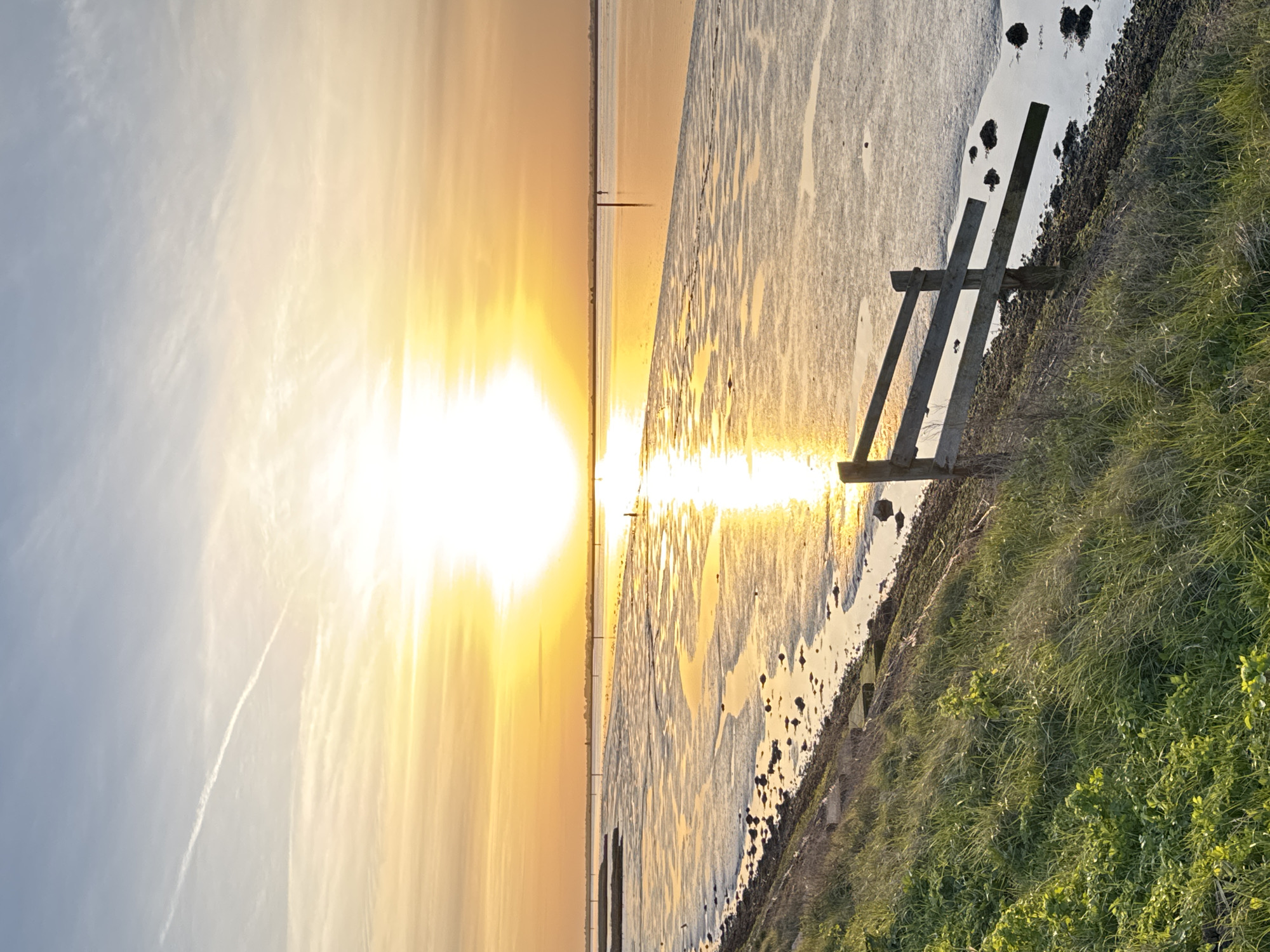 A landscape photograph, likely taken at sunrise or sunset, shows a coastal environment near Great Yarmouth, United Kingdom. A body of water, possibly Breydon Water or the River Yare, reflects the bright sunlight and sky. The sky exhibits a gradient from light blue with wispy clouds on the left to orange and yellow near the horizon where the sun is positioned. The water's edge is characterized by mudflats and a shingle beach, with patches of dark-colored debris. On the right, a wooden structure resembling a dilapidated fence or gate stands on the land. Vegetation, predominantly grass and low shrubs, covers the ground next to the water. No people are visible in the scene.