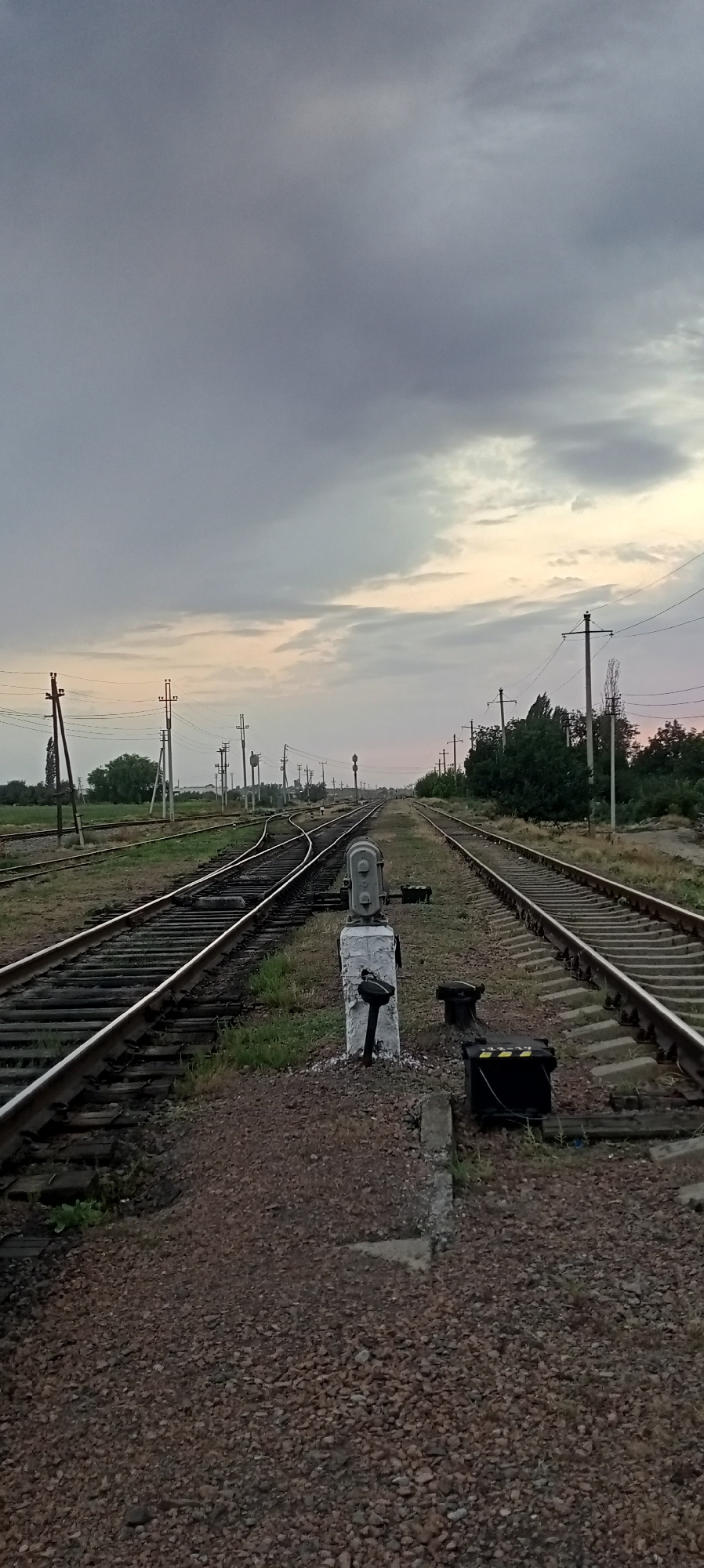 The image shows a railway track with multiple sets of tracks diverging and converging. In the foreground, a white concrete post with a black lever mechanism is situated between two sets of tracks. Beside the post, to the right, is a black electrical box with yellow hazard stripes. The tracks are laid on a bed of gravel, with some green grass growing between the sleepers. In the background, more tracks stretch into the distance, flanked by utility poles and trees. The sky above is overcast with a mix of grey and lighter clouds, hinting at either dawn or dusk. There are no people visible in the image. The scene appears to be a railway yard or junction in an outdoor environment.
