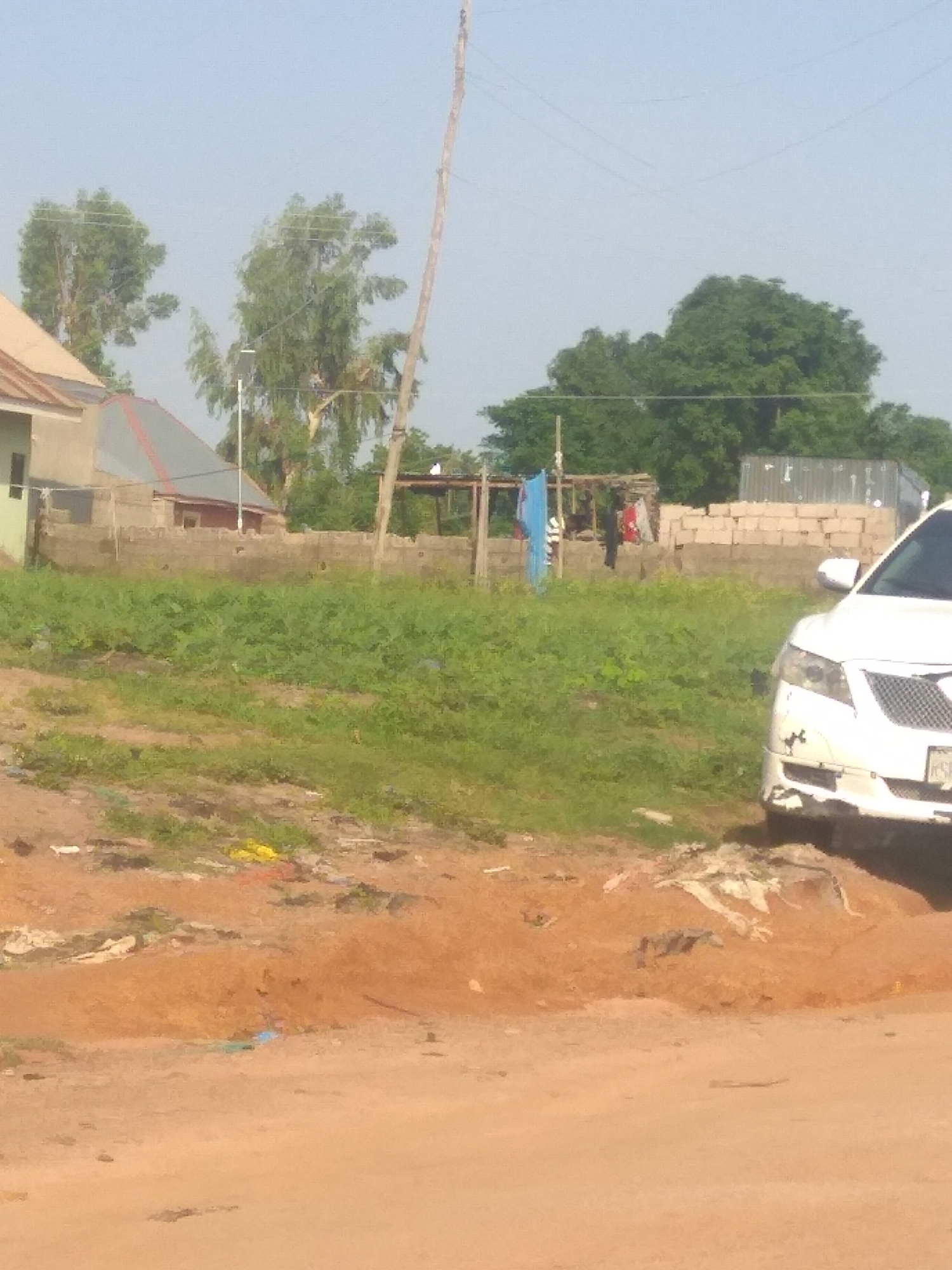 The image depicts an outdoor scene in Jalingo, Nigeria, under a clear sky. In the foreground, a dirt path with some scattered debris, including yellow and blue plastic. A white sedan is parked on the right side of the frame, facing left, with its front visible. The car appears to have some damage or dirt on its front bumper and grill.
Behind the car and the dirt path, there is an area with green grass and some vegetation. Beyond the grassy area, a low wall made of concrete blocks separates the property. On the left side of the image, a building with a light green exterior wall and a light brown roof is partially visible. Adjacent to this building, there is another structure with a grey, angular roof.
Further into the background, there is an open-sided shelter with a thatched roof, where some clothing is hanging on a line. A tall, wooden pole, likely a utility pole, stands prominently in the middle ground, with wires running across the sky. Behind the shelter, there are more trees and a large grey shipping container. The overall environment suggests a semi-urban or peri-urban setting with a mix of residential structures, informal shelters, and open land.