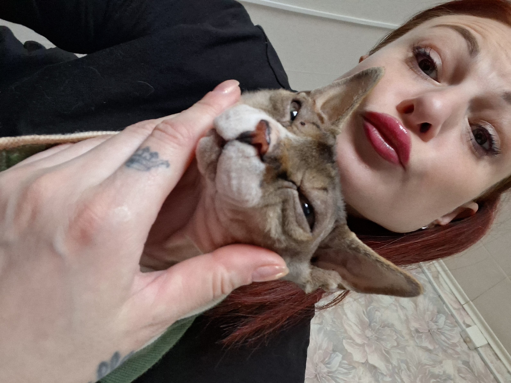 A woman with red hair is holding a Sphynx cat in front of her face, making a kissing gesture. The cat is looking at the camera with its eyes narrowed. The woman is wearing a black top. The background appears to be a wall with floral wallpaper. The setting is indoors, likely a home, within the Забалоцкі сельскі Савет, Belarus.