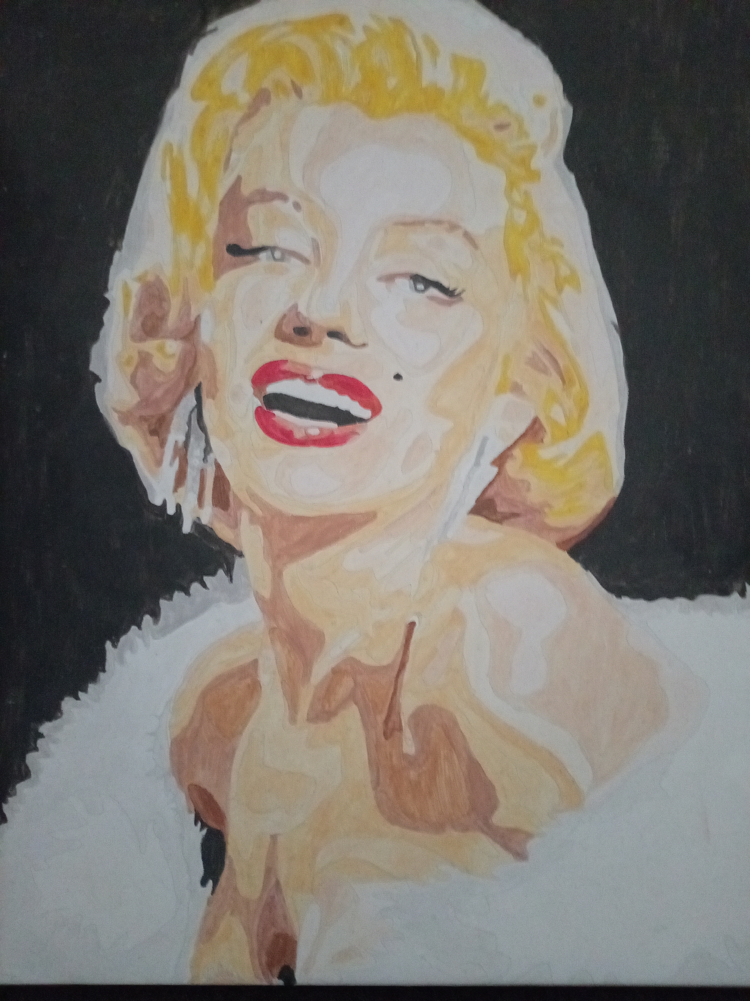 This is a painting of Marilyn Monroe, a famous American actress and model, depicted in a close-up portrait. She is shown with her signature blonde hair styled in soft waves and is wearing a white fur stole. Her head is tilted slightly, and she has a playful expression with her mouth open in a smile, revealing her teeth and red lipstick. A beauty mark is visible on her cheek. The background is dark, creating a strong contrast with her light-toned skin and blonde hair, making her the focal point of the artwork. The painting style appears to be a form of digital art or painting with distinct brushstrokes or color blocks, giving it a somewhat stylized or abstract quality. The overall mood is glamorous and iconic, capturing the essence of Marilyn Monroe's public persona. There is no visible text in the image. The provided location context of Bologoe, Russia, does not appear to be directly relevant to the subject matter of the painting.