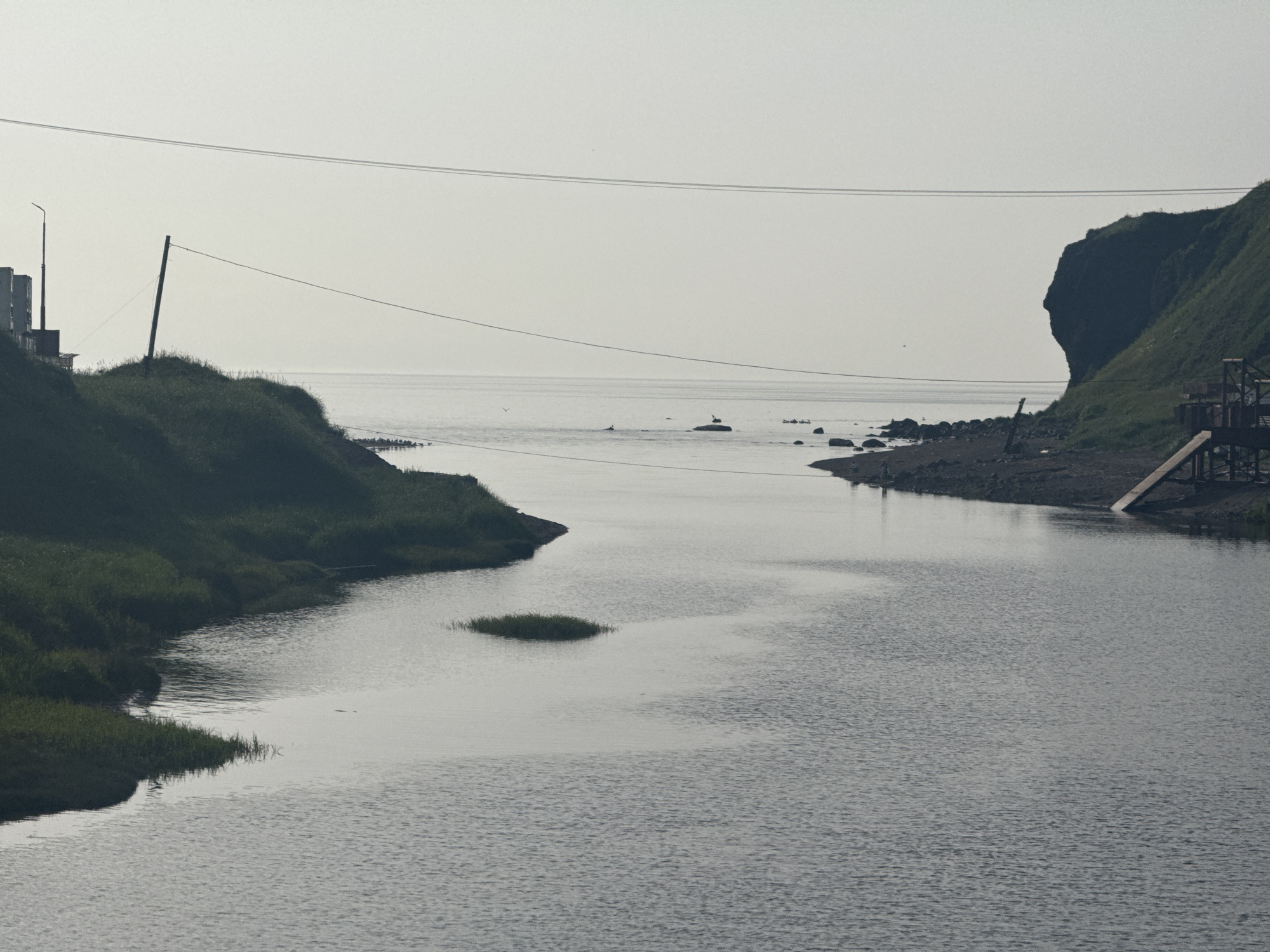 The image depicts a tranquil body of water, likely a river or bay, flowing towards the sea. The foreground is dominated by the calm, rippling surface of the water, reflecting the overcast sky. To the left, a lush green hillside slopes down to the water's edge, dotted with sparse vegetation. A single, small clump of grass stands in the middle of the river.
Further back, the river widens as it approaches the open sea. On the right bank, a steep, dark green cliff rises sharply, its face partially obscured by shadows. A wooden structure, possibly a pier or viewing platform, is visible near the base of the cliff. A narrow, light-colored wooden ramp extends from this structure towards the water.
Along the left bank, near the horizon, a few small, light-colored structures and a tall pole with a light are discernible, suggesting the presence of a settlement. Several utility lines are strung across the sky, supported by poles. The distant horizon is a soft, hazy line where the sea meets the pale sky. The overall impression is one of quietude and natural beauty, with subtle human presence. This scene is consistent with the coastal landscape of Kuril'sk, Russia, known for its rugged terrain and proximity to the sea.