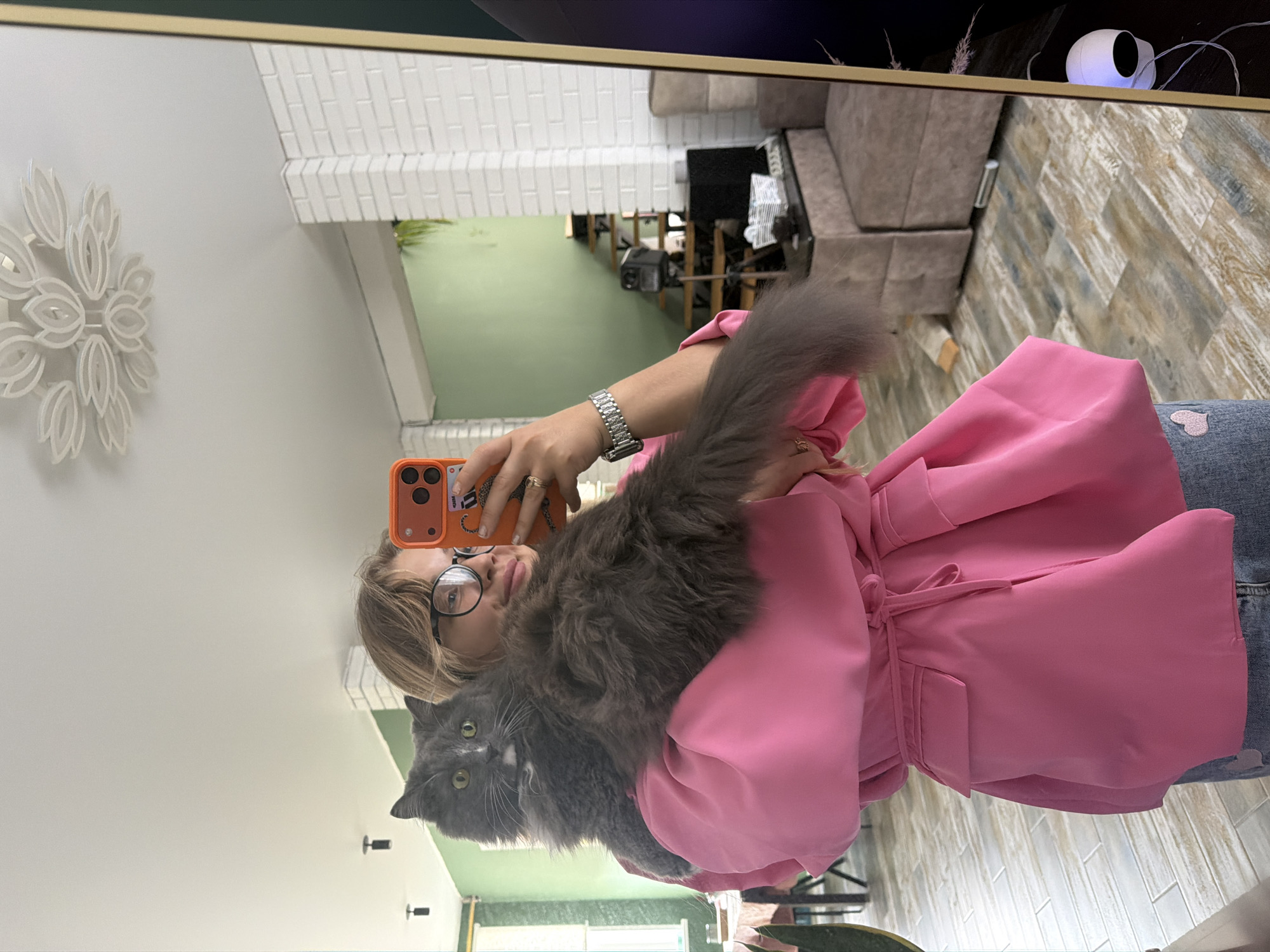 The image appears to be a mirror selfie taken in what seems to be an interior setting, possibly in a home or studio in the city of Большая Шильна, Russia. A person is holding a gray cat while taking the photo with an orange smartphone. The person is wearing glasses, a silver wristwatch, and a pink jacket. The reflection in the mirror reveals details of the surrounding environment, including a living room space with a sofa, white brick-style walls, and what seems to be a green-painted area. A decorative floral wall piece is on the left side of the mirror. A security camera is situated in the upper right corner, and a few pieces of furniture are reflected in the background.
