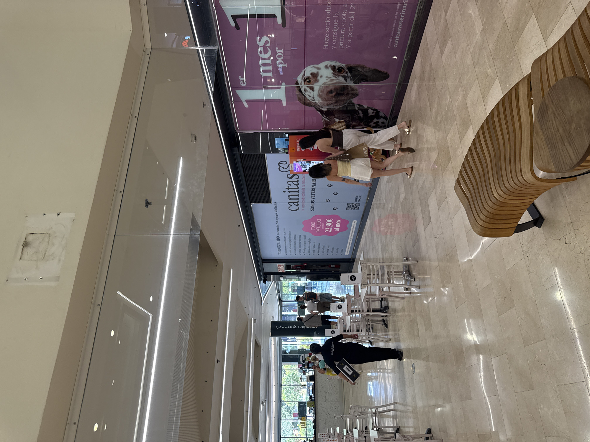The image depicts an indoor scene within a modern commercial establishment, likely a shopping mall or a large retail space, in L'hospitalet De Llobregat, Spain. The flooring is composed of large, light-colored marble tiles with visible reflections from overhead lighting. In the foreground, a contemporary wooden bench with a slatted design is positioned to the right, with a small circular wooden table on top of it.
Further into the scene, several tables and chairs, appearing to be outdoor patio furniture, are arranged throughout the space, suggesting a cafe or dining area. A person, dressed in a black t-shirt and pants, is walking from left to right, carrying a black rectangular object, possibly a case or a board.
In the background, there are large display windows or partitions, some of which are transparent, offering glimpses of other areas. One prominent display features a large pink advertisement with the text "1er mes... por canitas". Adjacent to this is another advertisement with the text "canitas" and a section that reads "SOMOS VETERINARIA".
Several people are visible in the mid-ground and background. Two women, one in a yellow top and white shorts, and another in a white top and white pants, are walking towards the right, the latter with a small dog on a leash. Other individuals are seated or standing near the tables and in the distance, interacting or moving through the space.
The overall environment is brightly lit with artificial lighting, creating a clean and contemporary atmosphere. The architecture suggests a well-maintained and aesthetically designed indoor public space.