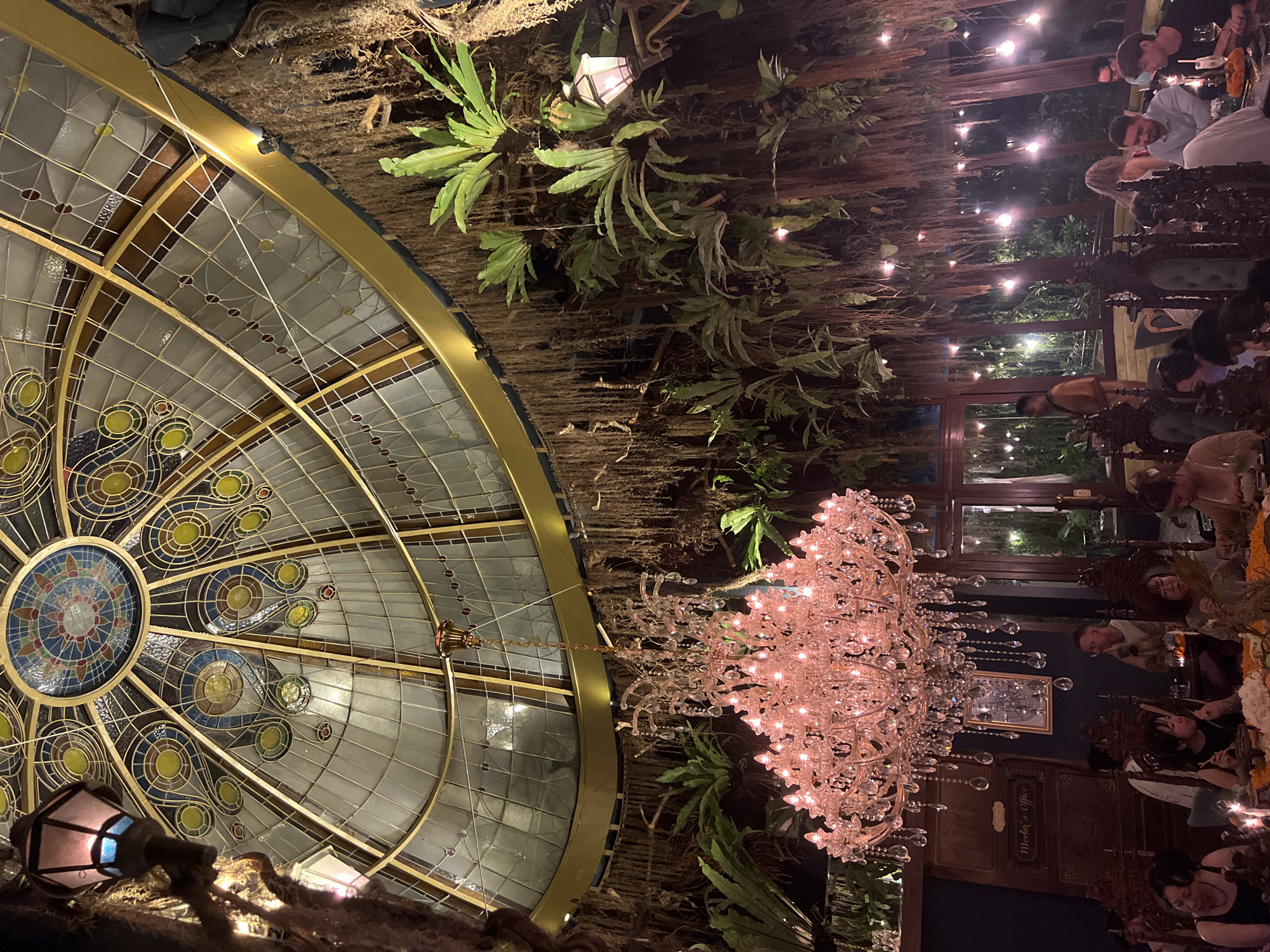 The image displays the interior of an opulent dining or event space, likely a high-end restaurant, illuminated by artificial light during the evening or night. The scene has a luxurious and exotic ambiance.
A dominant feature in the upper left is a magnificent, circular stained-glass dome or skylight. It showcases an intricate radial design with a central rosette motif, rendered in gold, blue, green, and amber hues within a golden framework.
On the right side of the frame, a large, sparkling crystal chandelier, adorned with numerous warm-toned bulbs, provides significant illumination and casts a soft glow. Below the chandelier, several people are seated at tables, appearing to be dining or socializing. They are seen from various angles, engaged in conversation, and seem relaxed. The tables are covered with white tablecloths, and the seating consists of dark, ornately carved wooden chairs, some featuring green velvet upholstery.
The decor prominently integrates natural elements, with abundant hanging brown moss or dried vines draping from the ceiling and upper walls, interspersed with lush green ferns and other large-leafed plants, creating a dense, jungle-like canopy overhead. Smaller, antique-style lanterns are strategically placed among this foliage, complemented by strung bare bulbs that add to the ambient lighting.
In the background, through dark wooden window frames, a dimly lit exterior hints at a garden or courtyard. On a dark wall behind the chandelier, a small framed picture hangs, and beneath it, the text "Martin's Office" is visibly inscribed on a wooden panel. The overall impression is one of sophisticated, nature-inspired dining in a richly decorated, intimate setting.