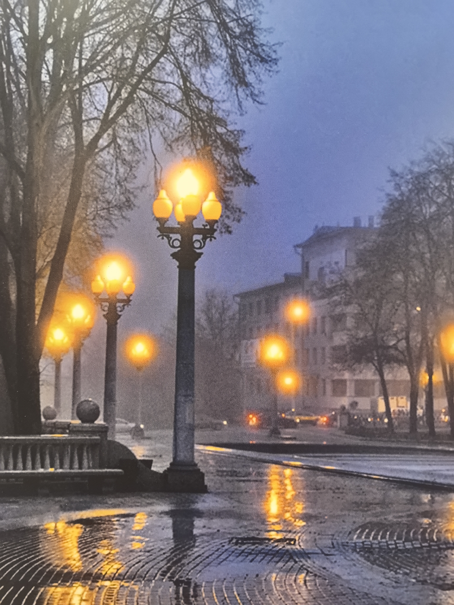 The image depicts a dimly lit, atmospheric street scene, likely captured at dusk or during foggy conditions, in the city of Minsk, Belarus. The foreground is dominated by a wet, cobblestone street with shimmering reflections of streetlights. A row of ornate, vintage streetlights with multiple glowing orange lamps lines the left side of the street, casting a warm, diffused light. Behind the streetlights, bare trees with intricate branches are visible, contributing to the somber, wintery feel. Further in the background, a multi-story building with a classical architectural style stands, its details softened by the mist. The sky is a deep, hazy blue. A stone bench with balustrades is partially visible on the left, suggesting a public space like a park or a promenade. The overall impression is one of quiet, reflective beauty, enhanced by the atmospheric conditions and the warm glow of the artificial lights against the muted tones of the environment. There are no identifiable people or specific actions in the image, focusing instead on the urban landscape and its mood.