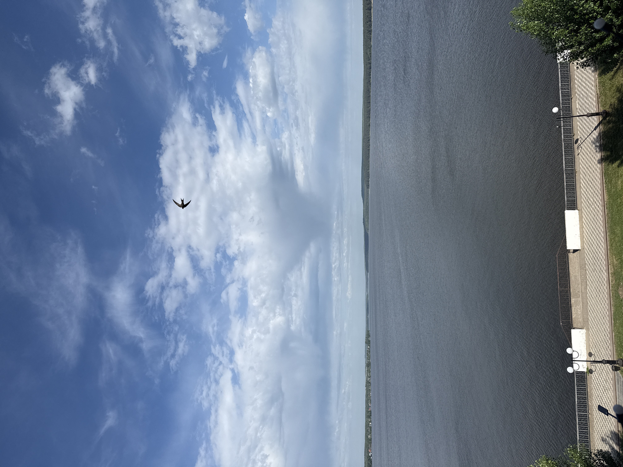 The image presents an overhead view of the city of Votkinsk, Russia, with a sharp contrast between the natural environment and human-made structures.
To the left, the sky is predominantly blue, scattered with fluffy white clouds and a single bird in flight. A large body of water, likely a river or a reservoir, dominates the right side of the image, with the shoreline barely visible in the far distance.
The rightmost edge of the image shows a landscaped embankment, suggesting a walkway. There are street lamps and sections of patterned pavement, bordered by green grass and trees.