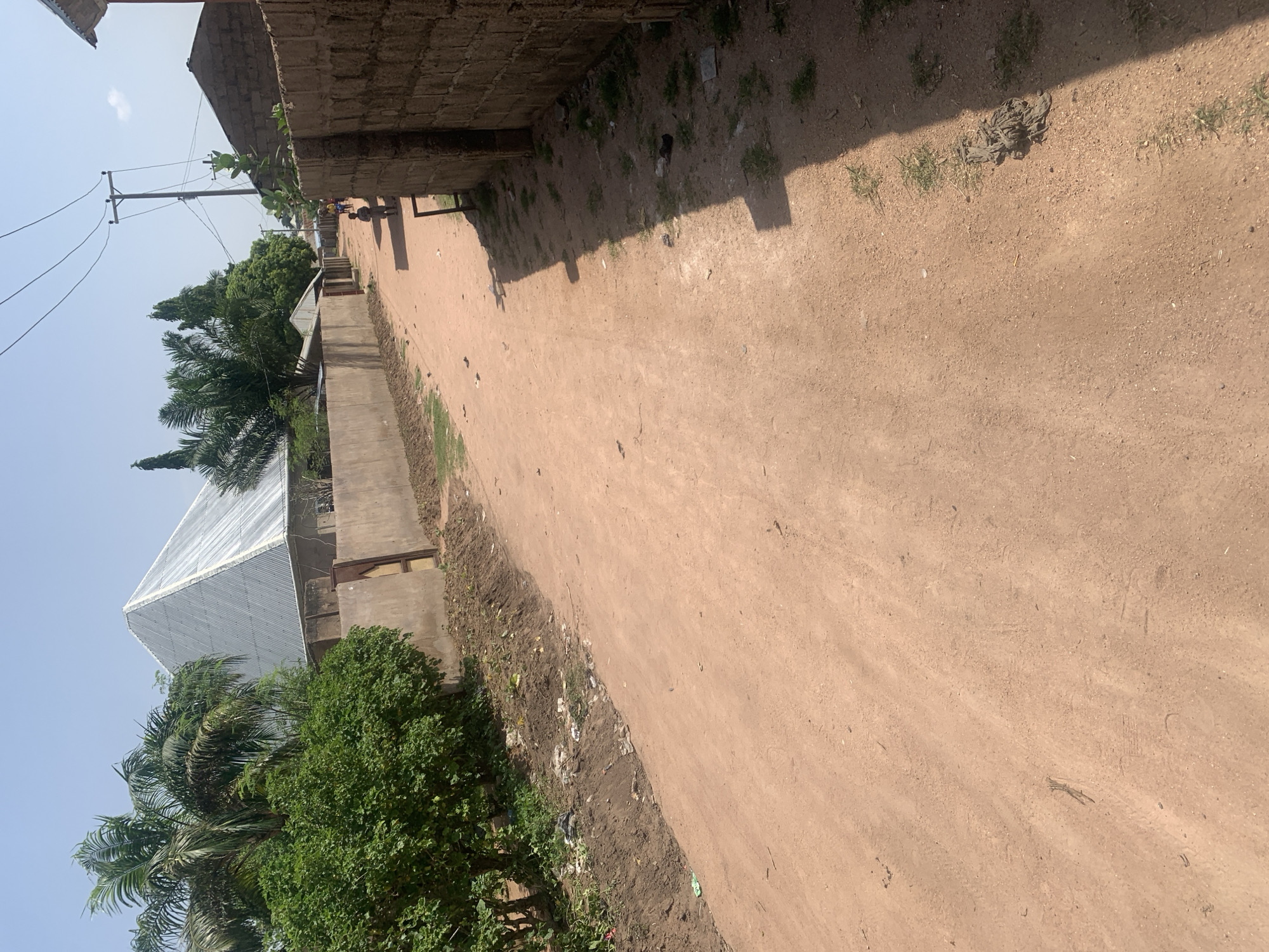 The image depicts a dirt road lined with brick walls and buildings under a clear sky. On the left side of the road, a lush green bush is visible, alongside a wall with a metallic gate. Further down the road, palm trees and other vegetation are present. A distinctive building with a large, pyramidal, corrugated metal roof stands out. On the right side of the road, a brick wall continues, with some scattered debris and patches of grass along its base. In the distance, a utility pole with overhead wires is visible. A few people are seen walking or standing on the road. The overall environment appears to be a residential or semi-urban area with a somewhat unkempt appearance.