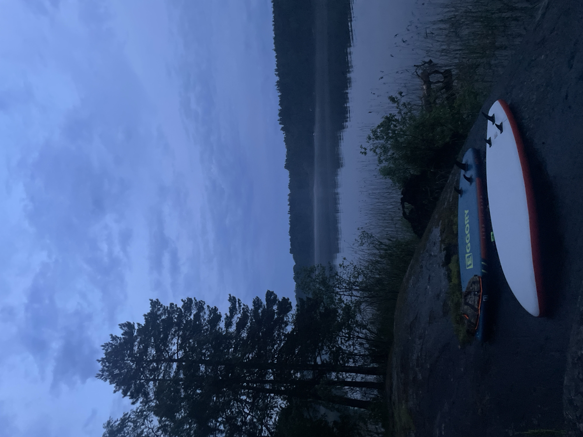 This detailed description pertains to an image captured in Yarkoe, Russia. The scene depicts a serene, low-light environment, likely either pre-dawn or late dusk, beside a still body of water, characteristic of a lake or large river, surrounded by dense natural vegetation.
In the immediate foreground, two inflatable stand-up paddleboards are positioned on a dark, wet, possibly rocky or earthen bank. The paddleboard in the closest proximity is white with a distinct red/orange border and features three black fins attached to its underside, facing upwards. Behind it, a second paddleboard, predominantly blue-green with a black border, displays the brand name "EGGORY" in yellow lettering. An indistinct dark brown or orange object, possibly a bag, rests on the surface of this second board. Two fins are visible on this board as well. The ground beneath the boards appears dark and damp.
The midground features the calm, dark blue-grey surface of the water, which reflects the overcast sky. A subtle layer of mist or fog hovers over the distant parts of the water, particularly towards the far bank. Along the right edge of the water, tall reeds or grasses grow densely. On the left side of the scene, several tall, dark coniferous trees, likely pines, stand prominently, their silhouettes sharply defined against the sky. Various smaller bushes and undergrowth are also visible along the bank.
The background consists of a dark, forested treeline marking the opposite shore of the body of water. Above the horizon, the sky is uniformly overcast with shades of dark blue and grey clouds, indicating heavy cloud cover and the absence of direct sunlight. No individuals are present or discernable in the image.