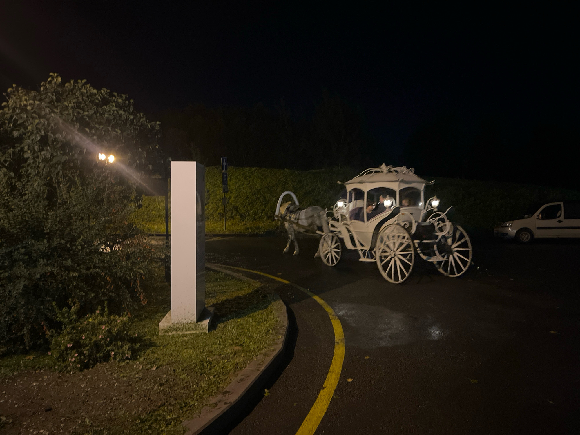 A horse-drawn carriage with passengers moves at night on a paved road in the city of Suzdal, Russia. A white rectangular structure stands to the left of the road, and a tree is visible behind it. The carriage is white with decorative elements and has large spoked wheels. A white van is parked on the right side of the road in the background. The scene is illuminated by artificial lights and the dark night sky.