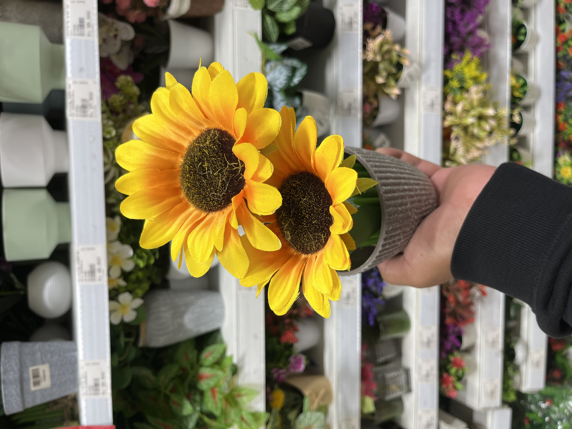 In the city of Tangerang, Indonesia, a person's right hand, clothed in a black long-sleeved garment, holds a small, ribbed grey pot containing two artificial sunflowers. The sunflowers feature bright yellow-orange petals and dark brown, textured centers. The upper sunflower is positioned slightly higher than the lower one. The background reveals multiple white retail shelves stacked with various artificial plants and decorative pots in an indoor store setting. The top shelf displays empty pots in grey, white, and light green, along with a price tag. Subsequent shelves are lined with small potted artificial flowers and plants in various colors, including white, green, pink, red, and purple, and feature white rectangular price tags displaying monetary values such as "Rp 99.000" and "Rp 79.000". The items on the shelves behind the central subject are progressively blurred due to a shallow depth of field.