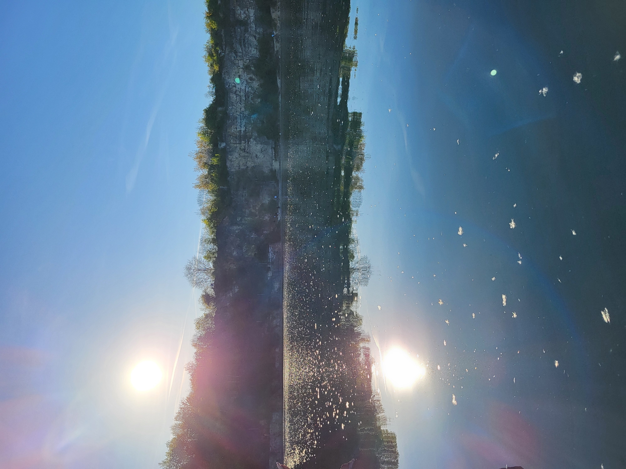This image shows a body of water reflecting a cliffside and sky. The cliffside is on the left, with vegetation growing along its edge. A walking path appears to run along the top of the cliff. The sun is positioned low on the horizon, creating a bright reflection in the water. The sky above the water is blue with scattered clouds. Fluffy white particles are visible on the right portion of the water. The scene is located in the city of Unknown, Unknown.