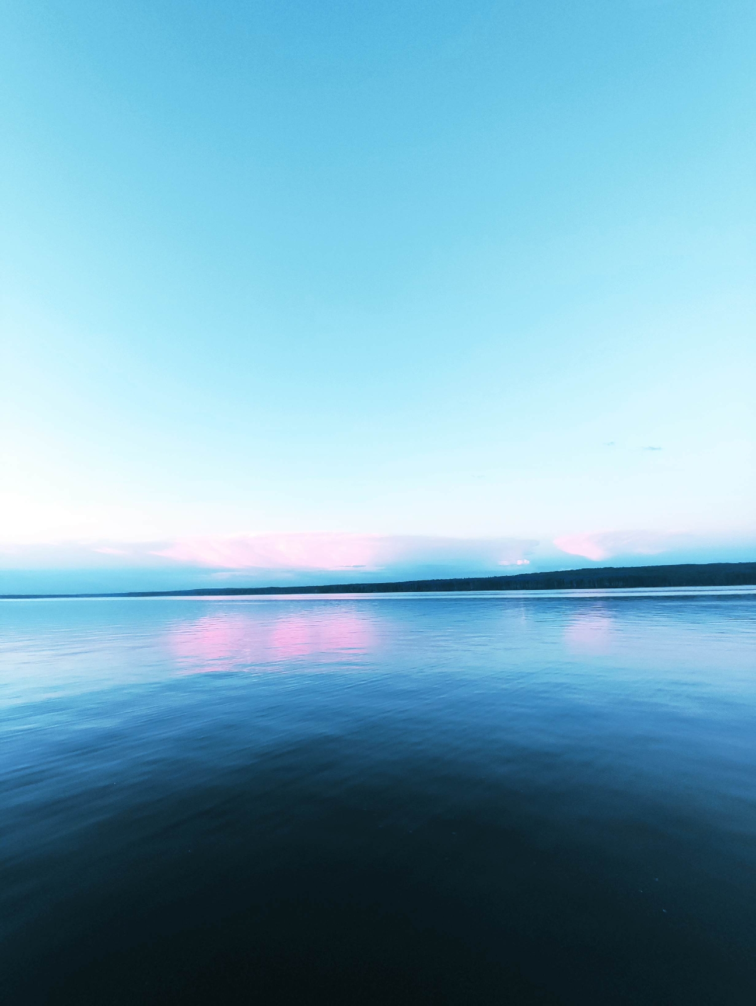 A serene landscape photograph depicts a vast, calm body of water under a gradient sky. The sky transitions from a pale, almost white hue at the horizon to a soft, light blue overhead. A thin band of pink clouds is visible near the horizon, reflecting a subtle pinkish glow onto the water's surface. The water itself is a deep, rich blue, with gentle ripples creating a textured, glossy appearance. In the distance, a dark, silhouetted line of trees marks the far shore of the water, creating a stark contrast against the lighter sky. The image is dominated by the interplay of blues and soft pinks, evoking a sense of tranquility and vastness.