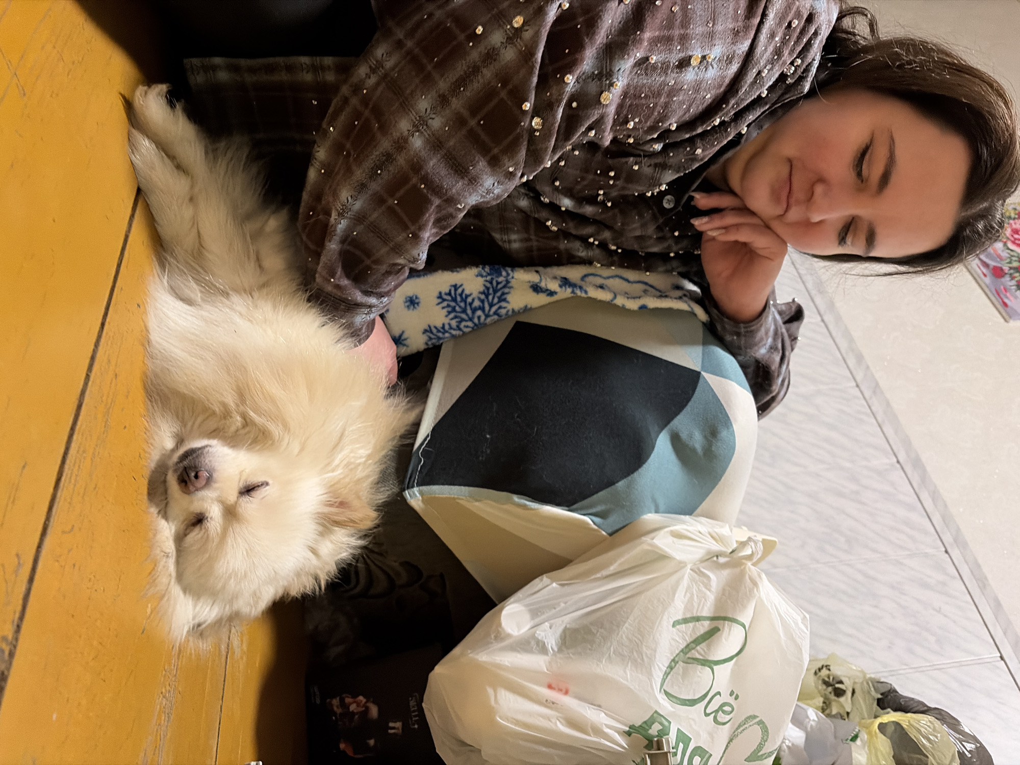 A woman and a dog are lying together on what appears to be a wooden floor. The woman is lying with her eyes closed and her head resting on her hand. She is wearing a brown plaid shirt with decorative beads. The dog, a fluffy white breed, is also asleep, lying next to the woman. A patterned pillow and a white plastic bag with writing in Russian on it are visible nearby. The location appears to be indoors in what could be a simple home, although there is nothing to specifically indicate this is in the city of Pirogovo, Russia.