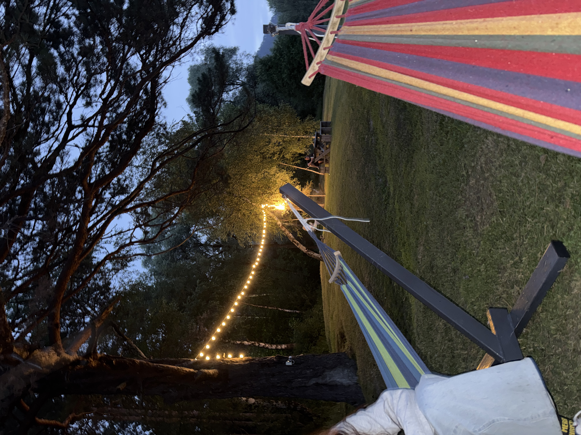 This media file captures a tranquil evening scene at Ust-Sema, Russia, with two hammocks set up in a grassy area adjacent to a wooded landscape. The time of day appears to be dusk or early night, as indicated by the dim natural light and the illuminated string of warm-toned lights stretching across the background. One hammock, with red, yellow, and purple stripes, is suspended from a wooden beam and a dark metal frame. Another hammock, featuring blue and green stripes, is also supported by the dark metal frame.
The foreground is dominated by the dark, intricate branches of a large tree on the left, its silhouette stark against the twilight sky. In the middle ground, a line of small, glowing bulbs adds a festive and inviting ambiance, casting a soft light on the surrounding grass and trees. Beyond the hammocks, the landscape features a gently sloping lawn leading to a dense line of trees and further hills or mountains in the distance. The overall atmosphere is one of relaxation and serenity, suggesting a peaceful evening spent outdoors. No visible text is present in the image.