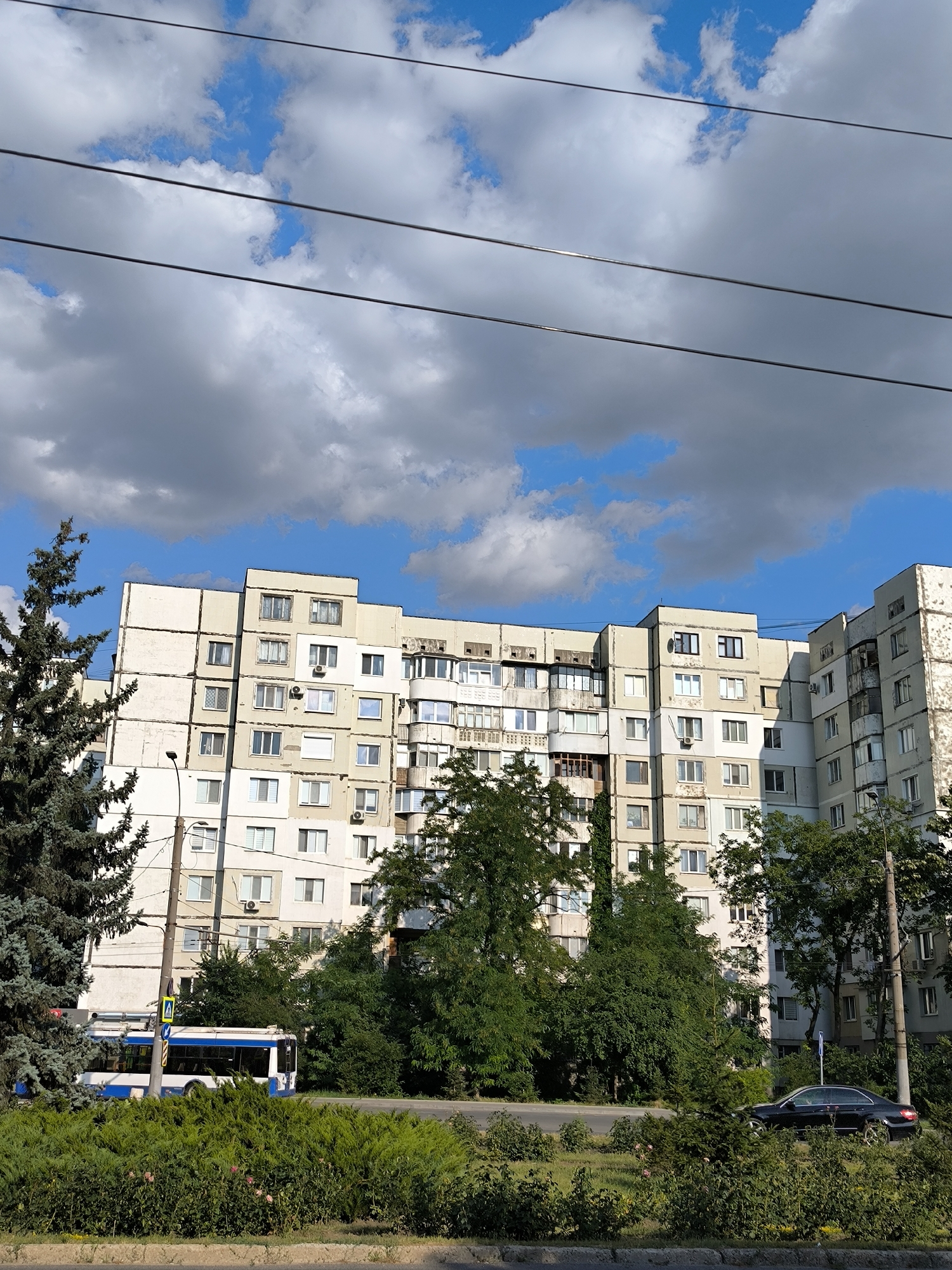 A Soviet-era apartment building, likely in Chișinău, Moldova, dominates the scene under a bright blue sky with fluffy white clouds. The building is light beige with multiple floors and numerous windows, some with air conditioning units visible. A large evergreen tree stands to the left of the building, and a dense row of green bushes runs along the bottom of the frame. A trolleybus, primarily white with a blue stripe, is seen driving on a road in front of the building, passing by a yellow pedestrian crossing sign. A dark car is parked on the right side of the road. Electrical wires are strung across the top of the image.