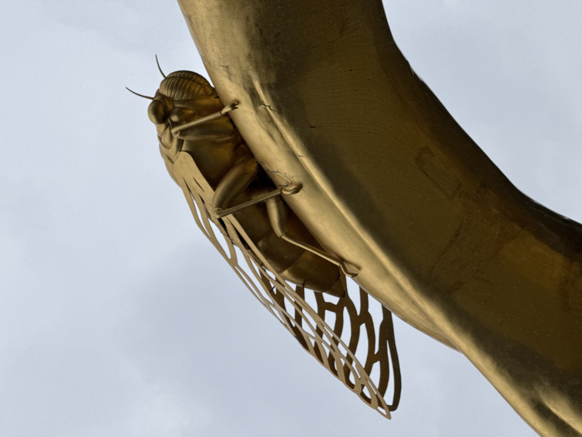 A bronze statue of a cicada is clinging to a bronze pole. The cicada is on the left side of the pole and faces left. Its wings are made of thin, stylized metal. The background is a hazy gray sky. This statue is located in Tianhe District, China.